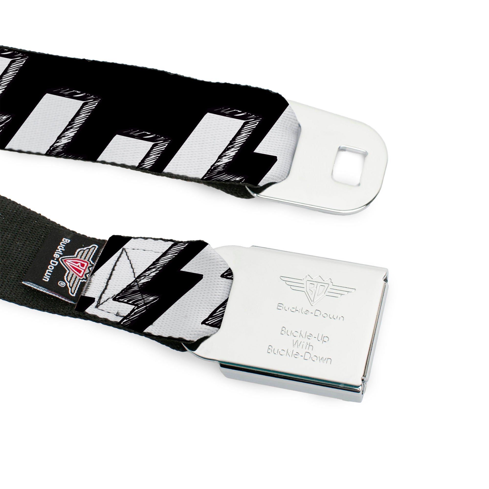 BD Wings Logo CLOSE-UP Full Color Black Silver Seatbelt Belt - Lightning Bolts Sketch Black/White Webbing Seatbelt Belts Buckle-Down