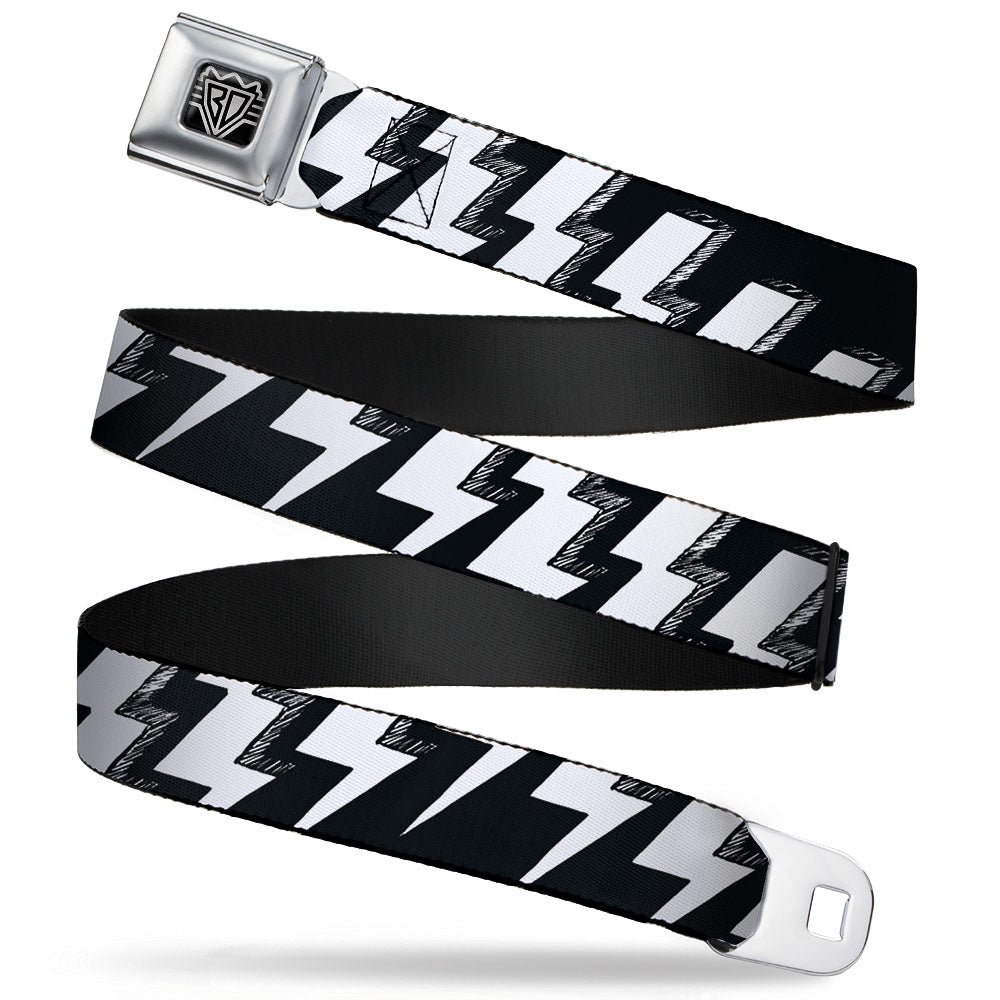 BD Wings Logo CLOSE-UP Full Color Black Silver Seatbelt Belt - Lightning Bolts Sketch Black/White Webbing Seatbelt Belts Buckle-Down