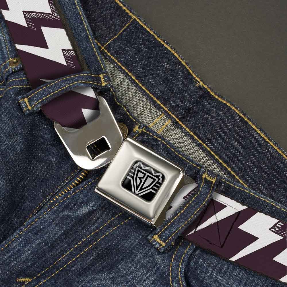 BD Wings Logo CLOSE-UP Full Color Black Silver Seatbelt Belt - Lightning Bolts Sketch Plum/White Webbing Seatbelt Belts Buckle-Down