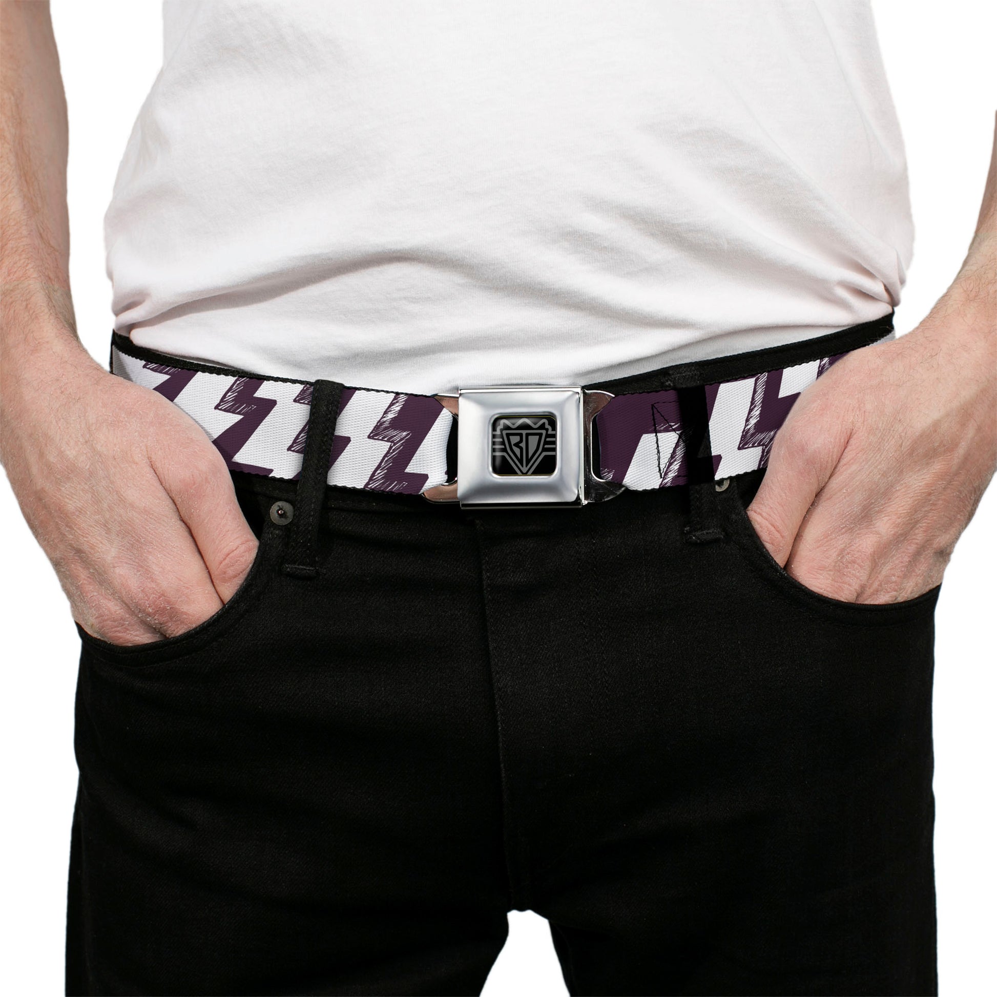 BD Wings Logo CLOSE-UP Full Color Black Silver Seatbelt Belt - Lightning Bolts Sketch Plum/White Webbing Seatbelt Belts Buckle-Down