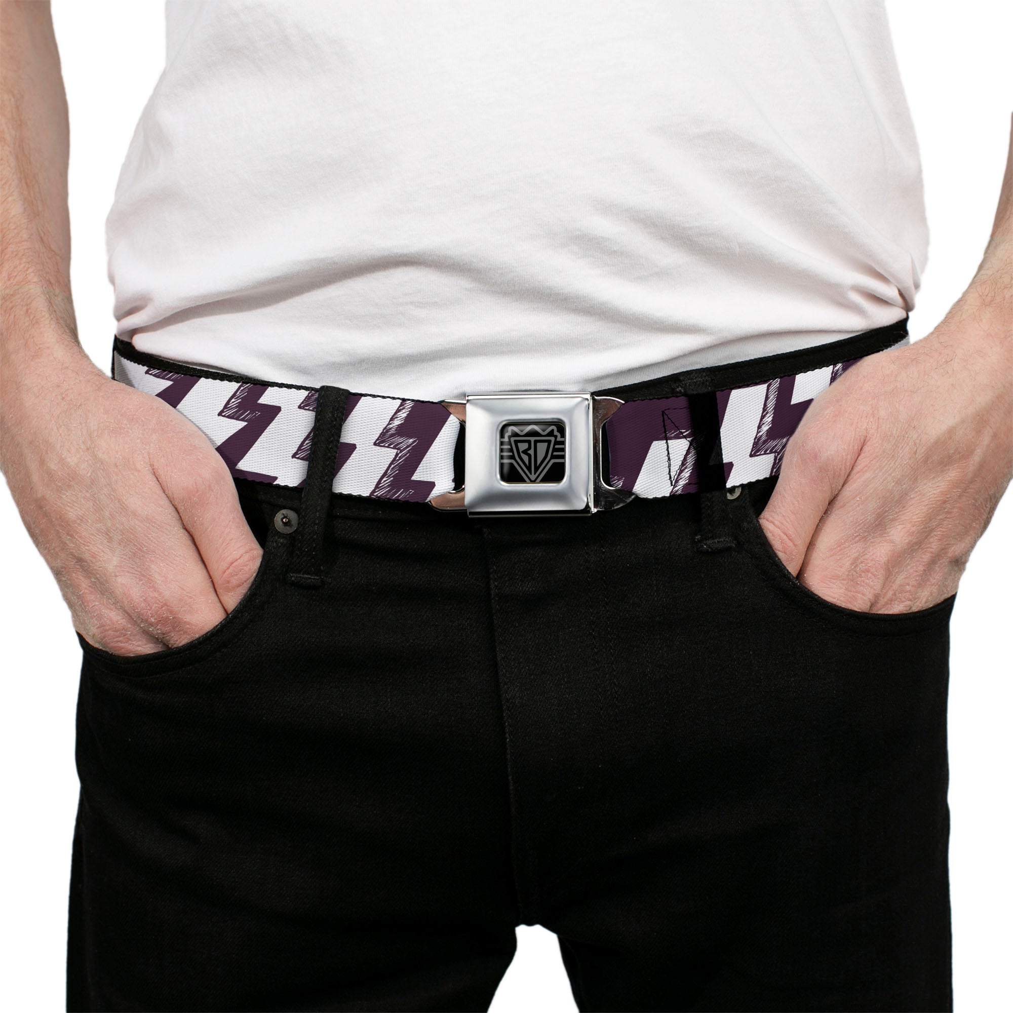 BD Wings Logo CLOSE-UP Full Color Black Silver Seatbelt Belt - Lightning Bolts Sketch Plum/White Webbing Seatbelt Belts Buckle-Down
