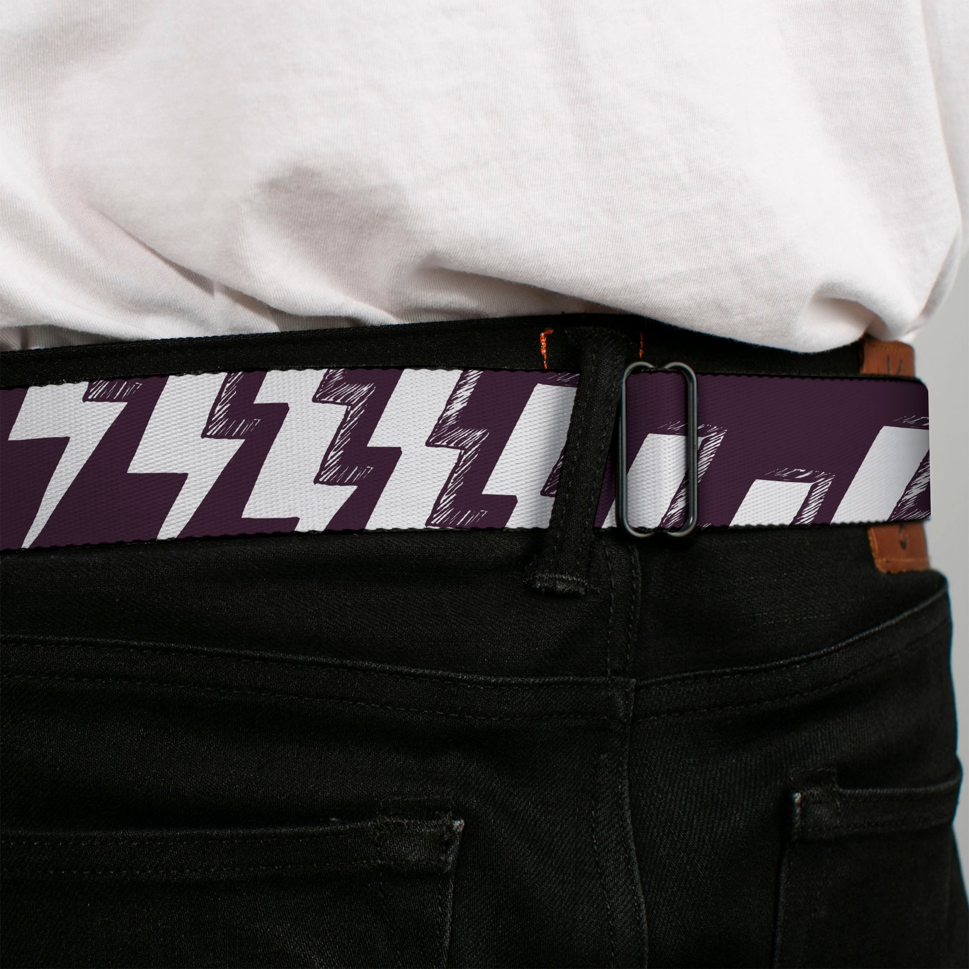 BD Wings Logo CLOSE-UP Full Color Black Silver Seatbelt Belt - Lightning Bolts Sketch Plum/White Webbing Seatbelt Belts Buckle-Down