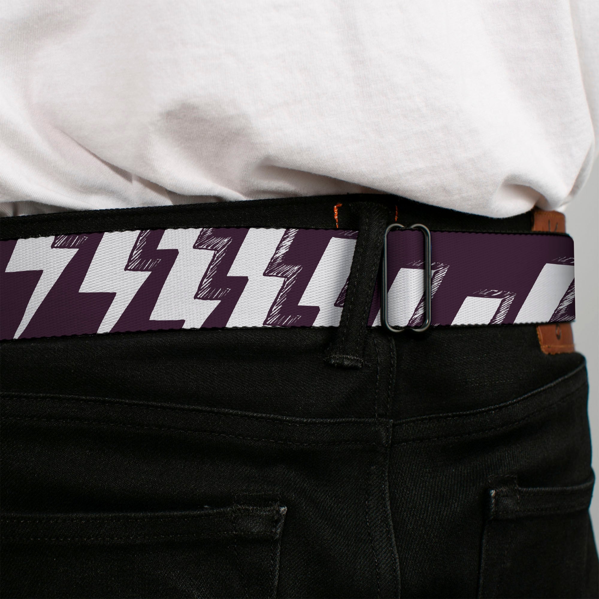 BD Wings Logo CLOSE-UP Full Color Black Silver Seatbelt Belt - Lightning Bolts Sketch Plum/White Webbing Seatbelt Belts Buckle-Down