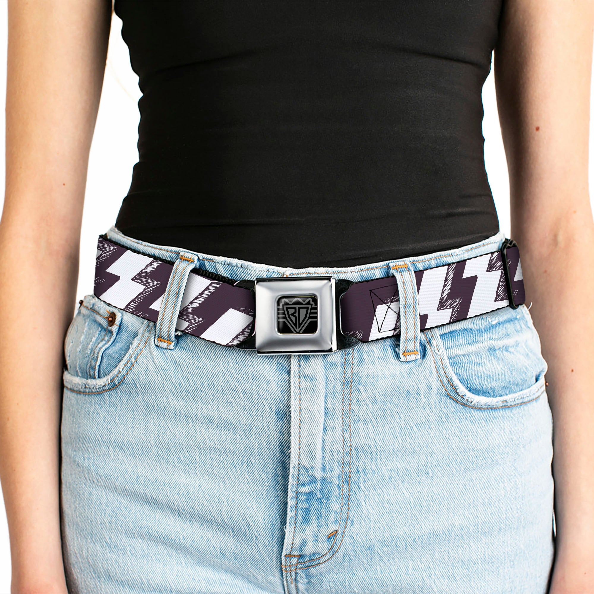 BD Wings Logo CLOSE-UP Full Color Black Silver Seatbelt Belt - Lightning Bolts Sketch Plum/White Webbing Seatbelt Belts Buckle-Down