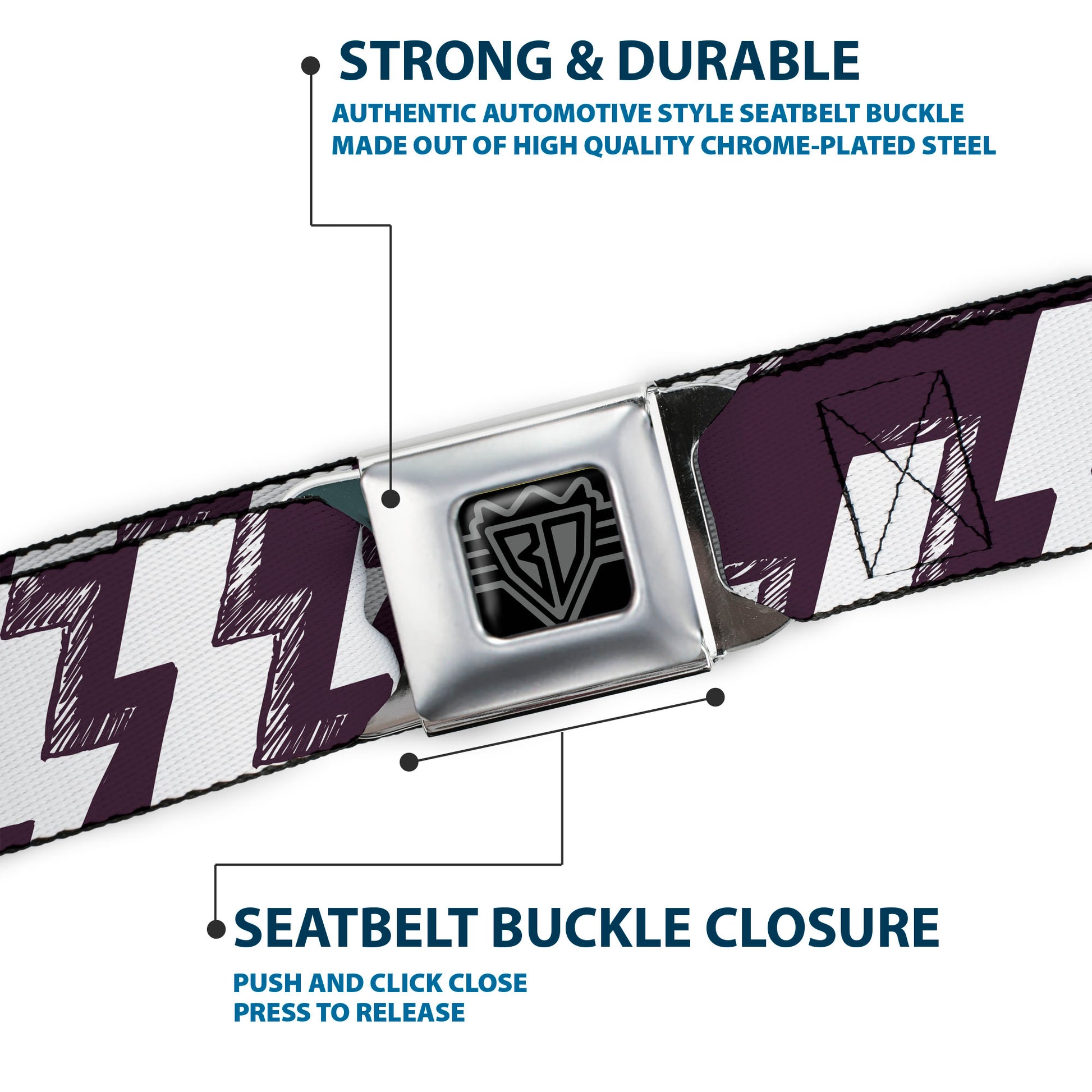 BD Wings Logo CLOSE-UP Full Color Black Silver Seatbelt Belt - Lightning Bolts Sketch Plum/White Webbing Seatbelt Belts Buckle-Down
