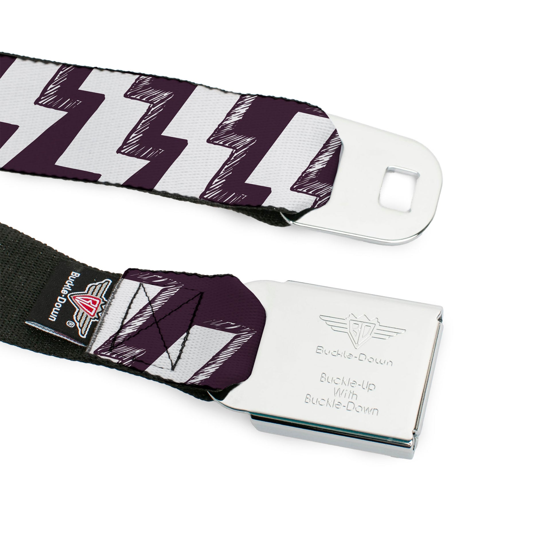BD Wings Logo CLOSE-UP Full Color Black Silver Seatbelt Belt - Lightning Bolts Sketch Plum/White Webbing Seatbelt Belts Buckle-Down