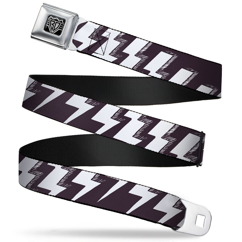 BD Wings Logo CLOSE-UP Full Color Black Silver Seatbelt Belt - Lightning Bolts Sketch Plum/White Webbing Seatbelt Belts Buckle-Down