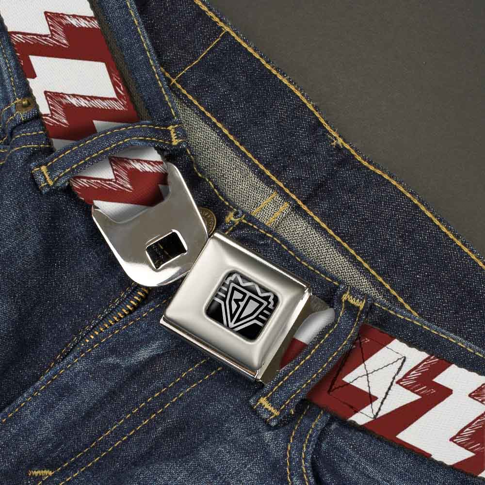 BD Wings Logo CLOSE-UP Full Color Black Silver Seatbelt Belt - Lightning Bolts Sketch Red/White Webbing Seatbelt Belts Buckle-Down