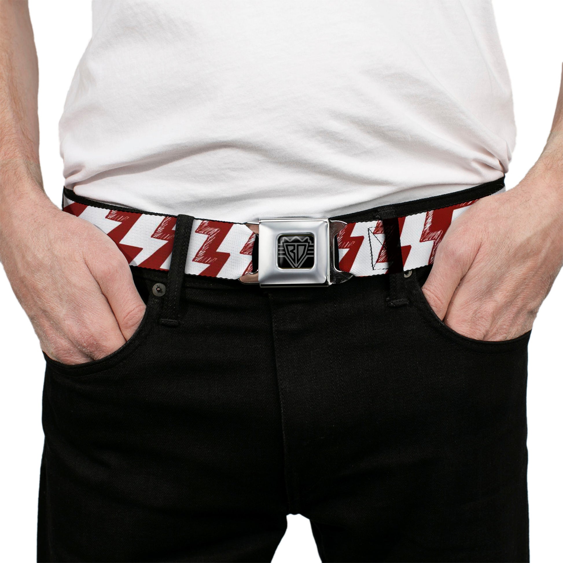 BD Wings Logo CLOSE-UP Full Color Black Silver Seatbelt Belt - Lightning Bolts Sketch Red/White Webbing Seatbelt Belts Buckle-Down