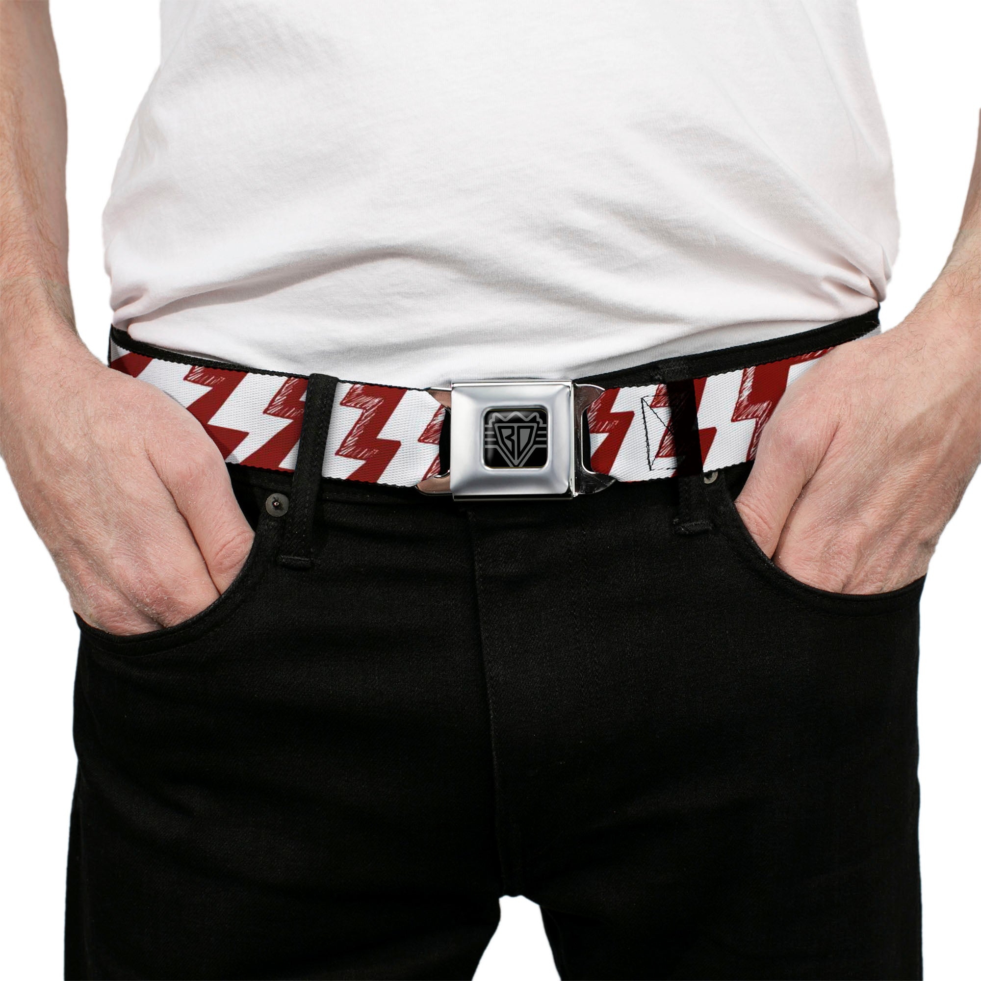 BD Wings Logo CLOSE-UP Full Color Black Silver Seatbelt Belt - Lightning Bolts Sketch Red/White Webbing Seatbelt Belts Buckle-Down