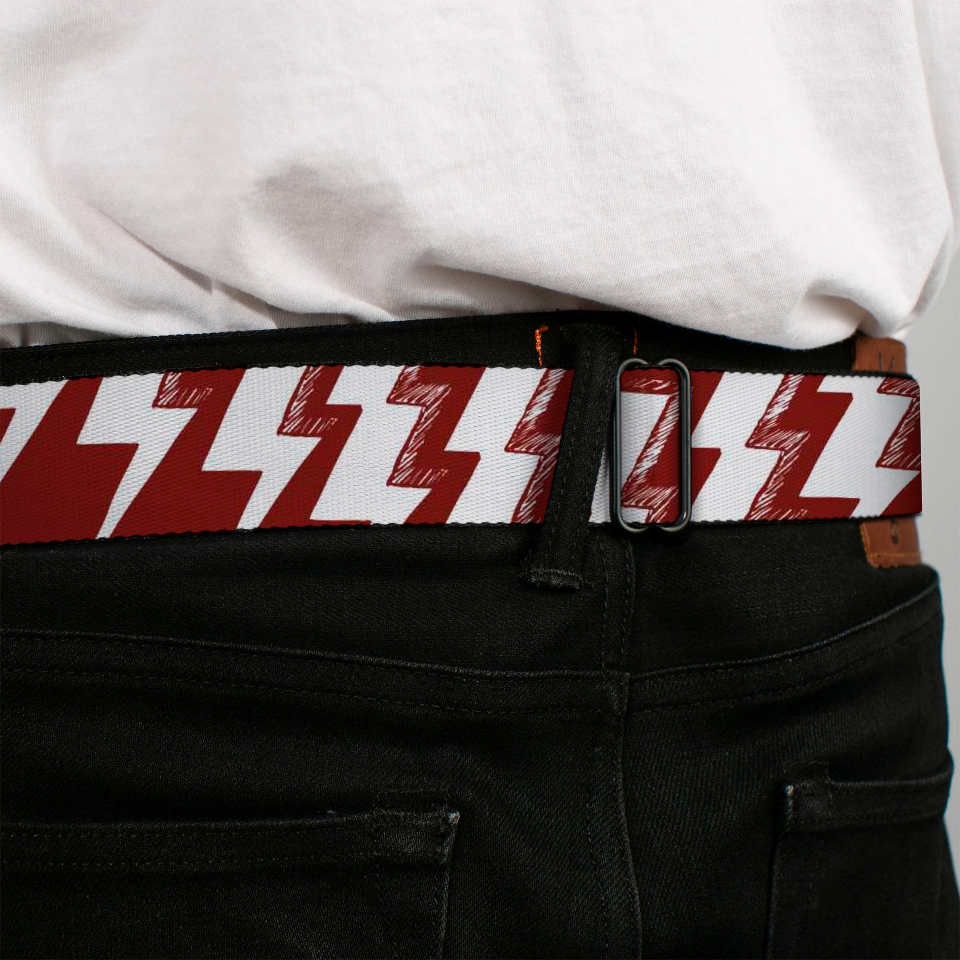 BD Wings Logo CLOSE-UP Full Color Black Silver Seatbelt Belt - Lightning Bolts Sketch Red/White Webbing Seatbelt Belts Buckle-Down