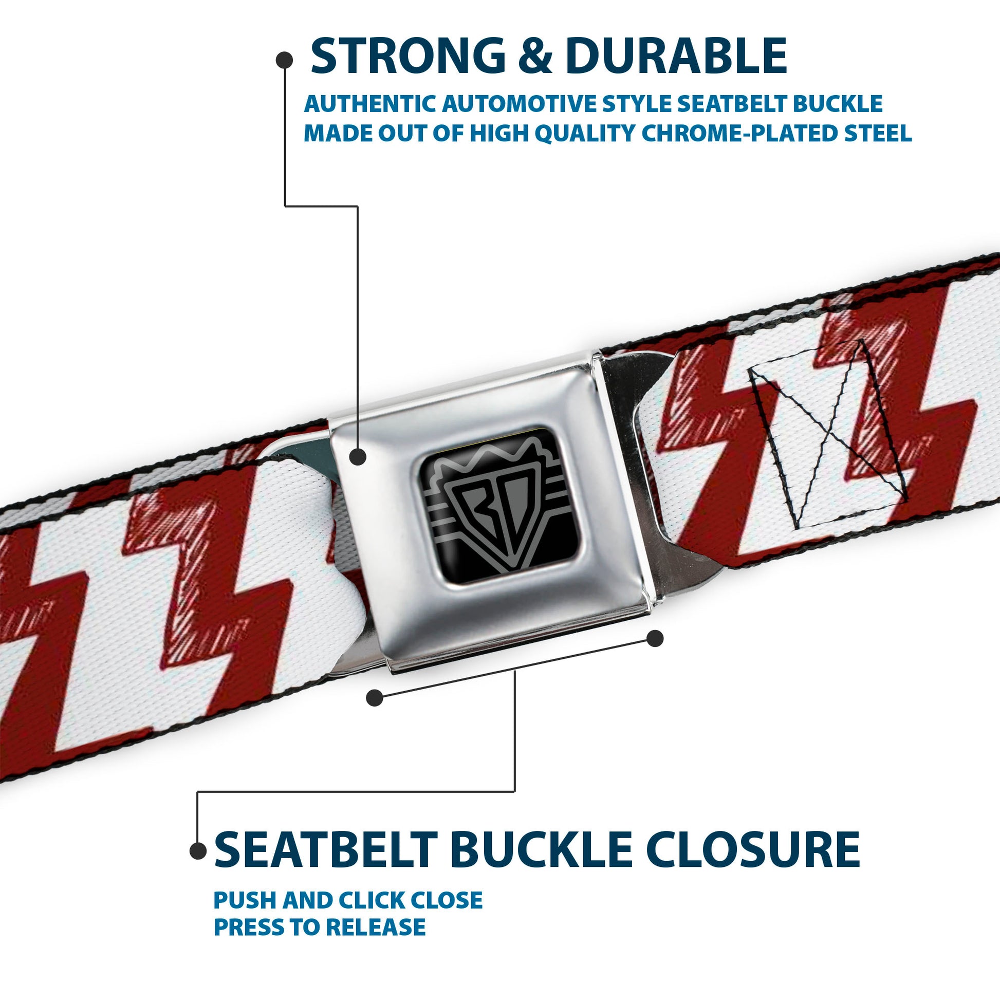 BD Wings Logo CLOSE-UP Full Color Black Silver Seatbelt Belt - Lightning Bolts Sketch Red/White Webbing Seatbelt Belts Buckle-Down