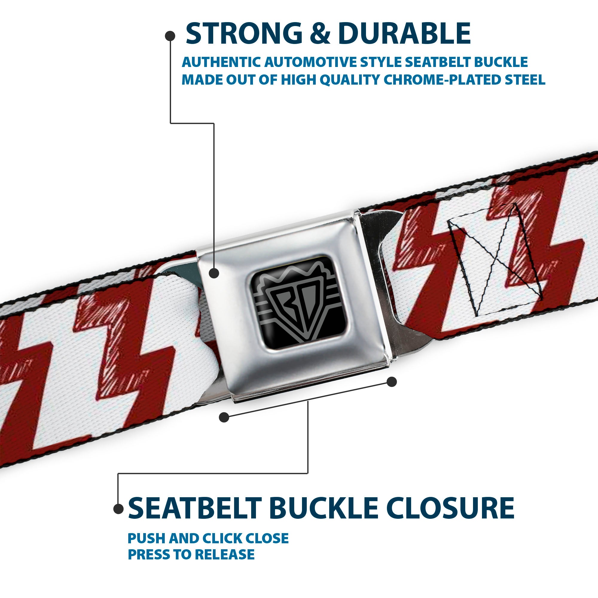 BD Wings Logo CLOSE-UP Full Color Black Silver Seatbelt Belt - Lightning Bolts Sketch Red/White Webbing Seatbelt Belts Buckle-Down