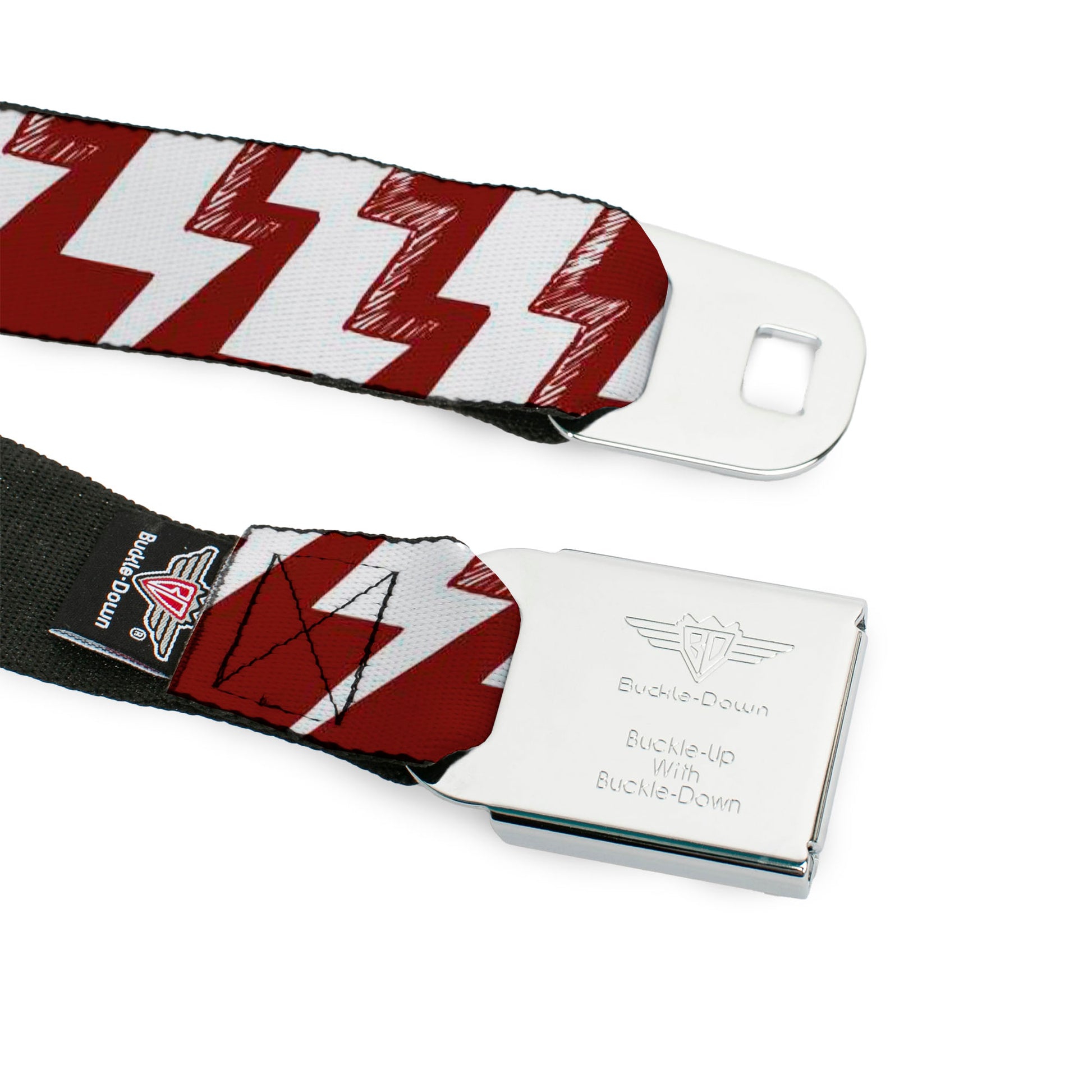 BD Wings Logo CLOSE-UP Full Color Black Silver Seatbelt Belt - Lightning Bolts Sketch Red/White Webbing Seatbelt Belts Buckle-Down