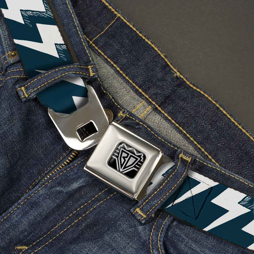 BD Wings Logo CLOSE-UP Full Color Black Silver Seatbelt Belt - Lightning Bolts Sketch Navy/White Webbing Seatbelt Belts Buckle-Down