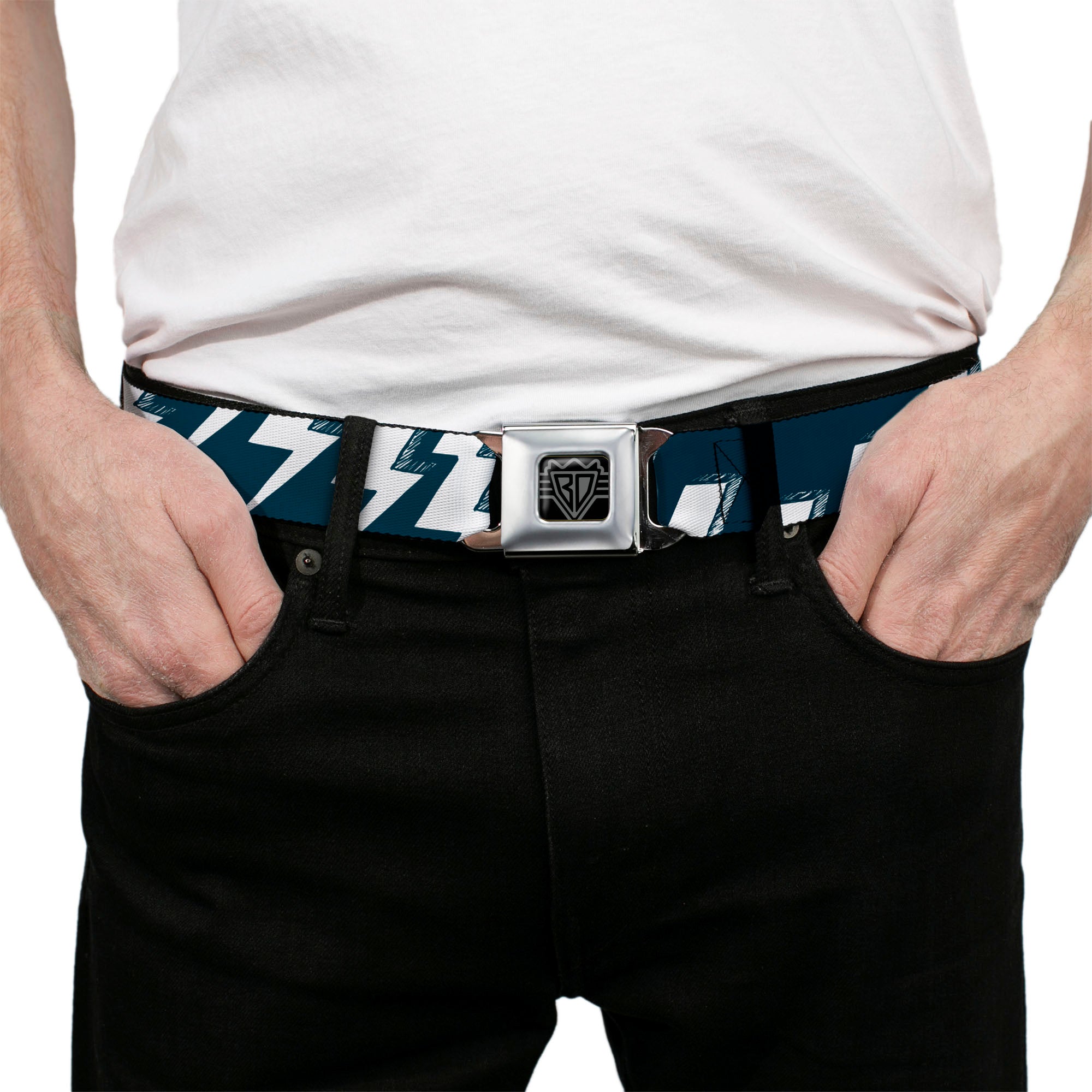 BD Wings Logo CLOSE-UP Full Color Black Silver Seatbelt Belt - Lightning Bolts Sketch Navy/White Webbing Seatbelt Belts Buckle-Down