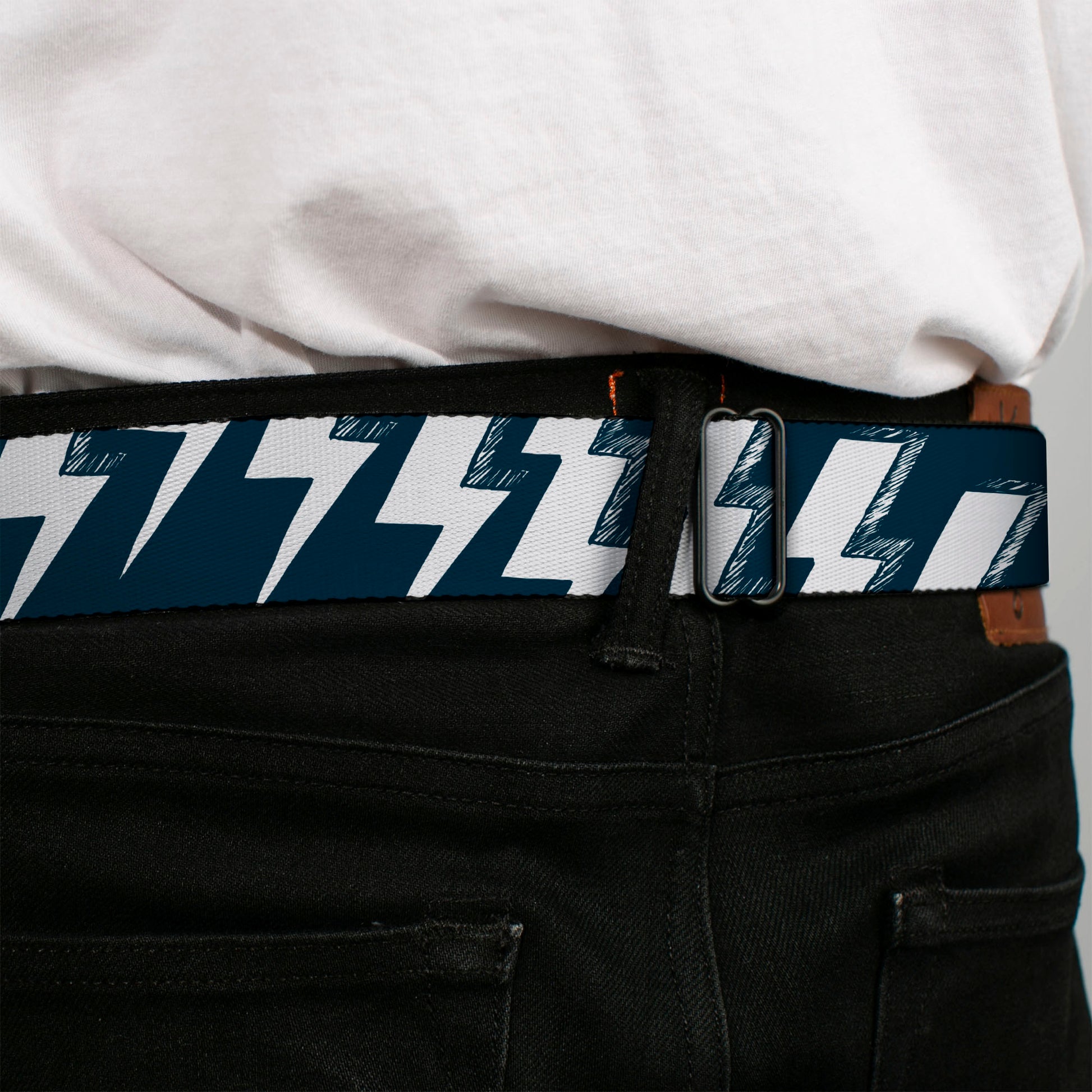 BD Wings Logo CLOSE-UP Full Color Black Silver Seatbelt Belt - Lightning Bolts Sketch Navy/White Webbing Seatbelt Belts Buckle-Down