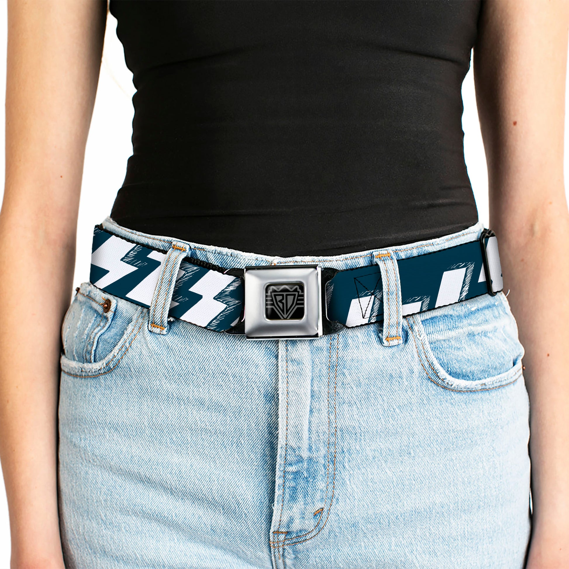 BD Wings Logo CLOSE-UP Full Color Black Silver Seatbelt Belt - Lightning Bolts Sketch Navy/White Webbing Seatbelt Belts Buckle-Down