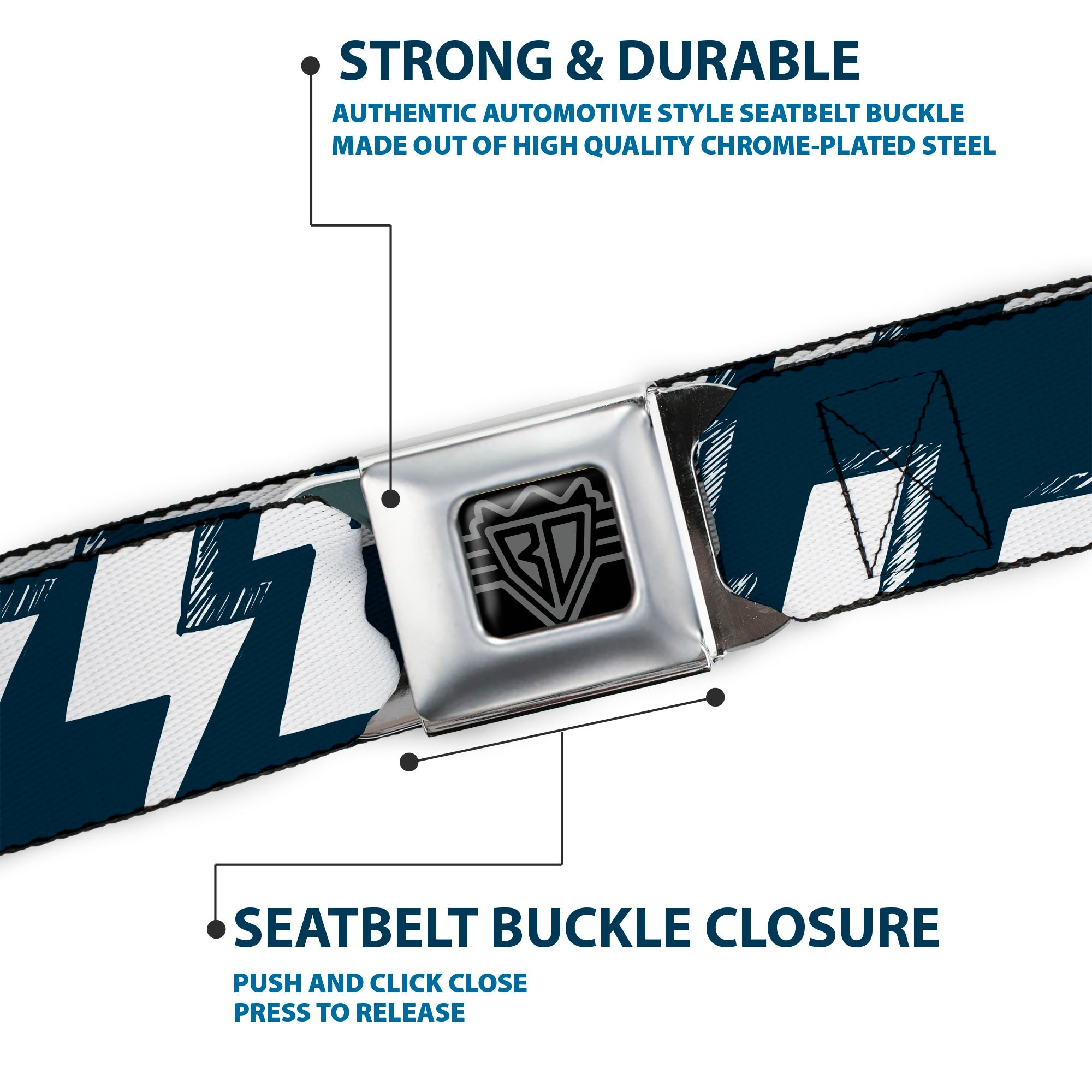 BD Wings Logo CLOSE-UP Full Color Black Silver Seatbelt Belt - Lightning Bolts Sketch Navy/White Webbing Seatbelt Belts Buckle-Down