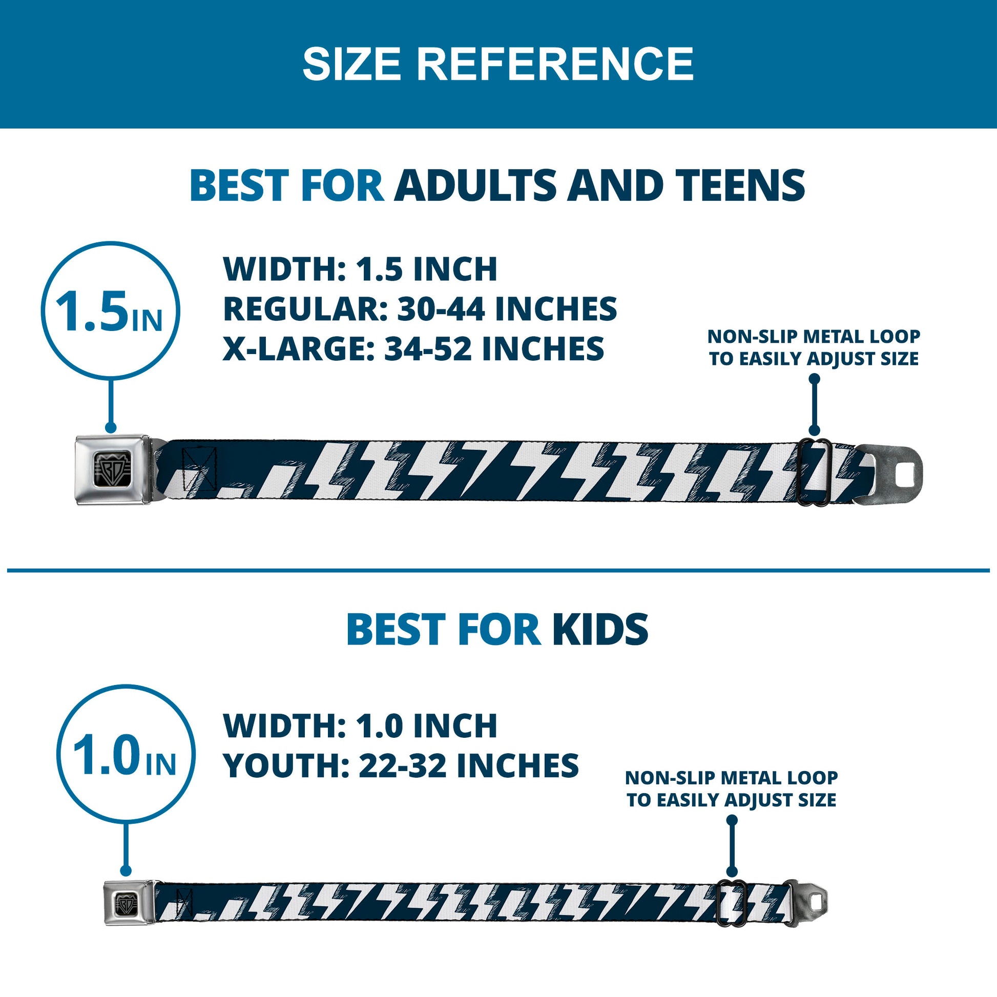 BD Wings Logo CLOSE-UP Full Color Black Silver Seatbelt Belt - Lightning Bolts Sketch Navy/White Webbing Seatbelt Belts Buckle-Down