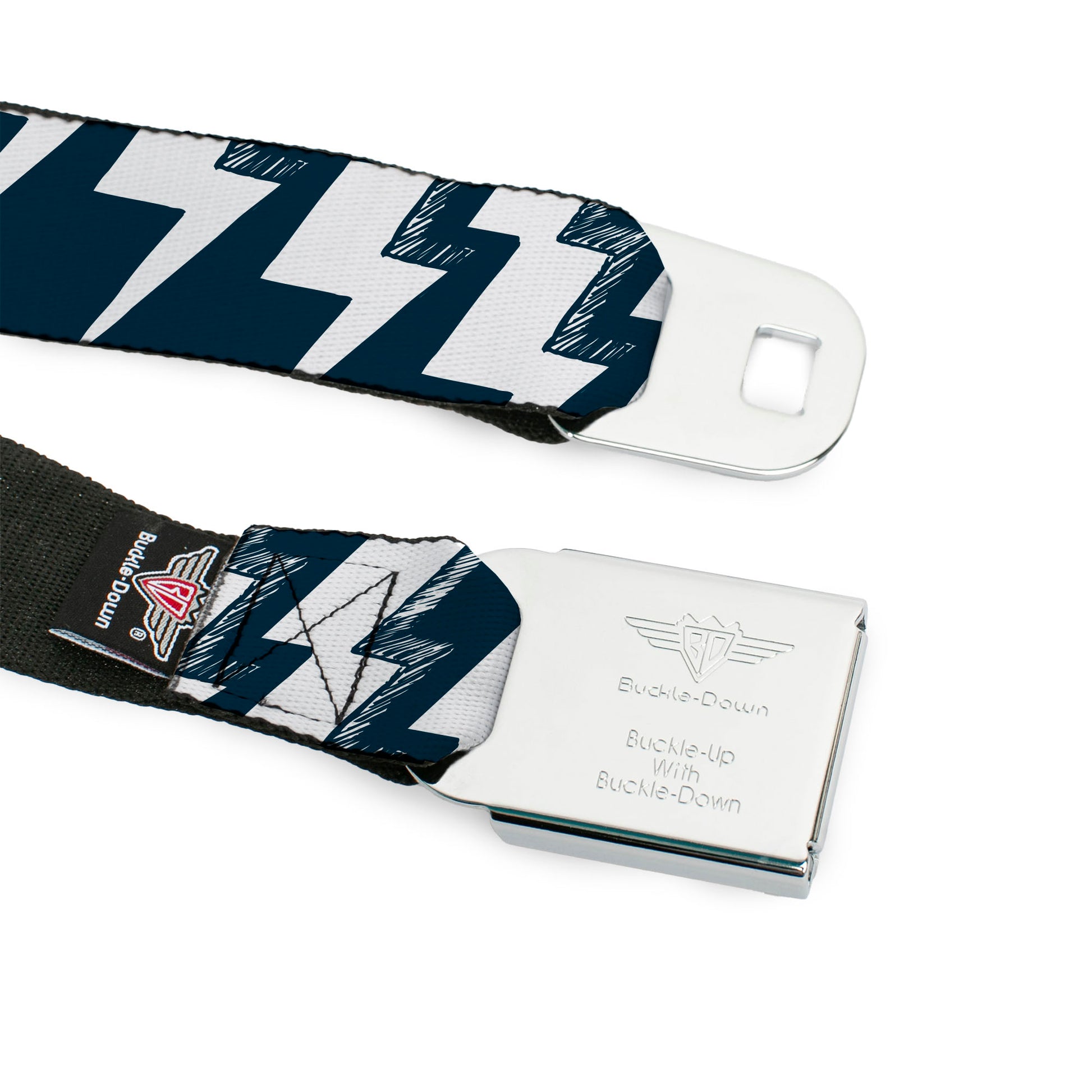 BD Wings Logo CLOSE-UP Full Color Black Silver Seatbelt Belt - Lightning Bolts Sketch Navy/White Webbing Seatbelt Belts Buckle-Down