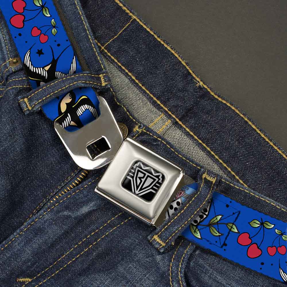 BD Wings Logo CLOSE-UP Full Color Black Silver Seatbelt Belt - Lucky CLOSE-UP Blue Webbing Seatbelt Belts Buckle-Down