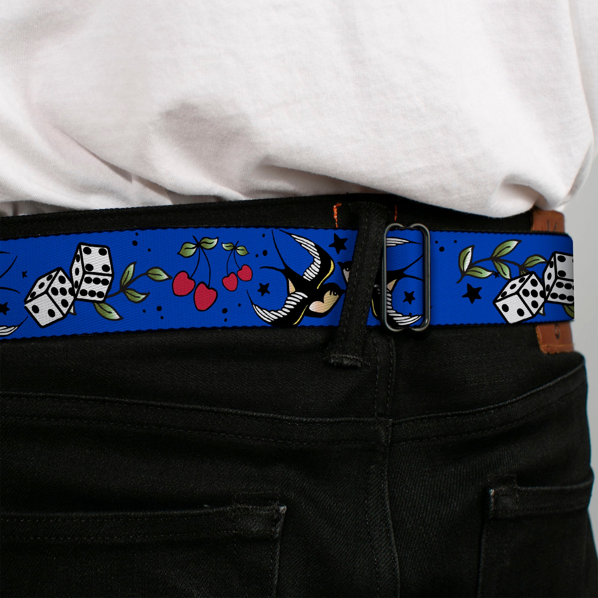 BD Wings Logo CLOSE-UP Full Color Black Silver Seatbelt Belt - Lucky CLOSE-UP Blue Webbing Seatbelt Belts Buckle-Down
