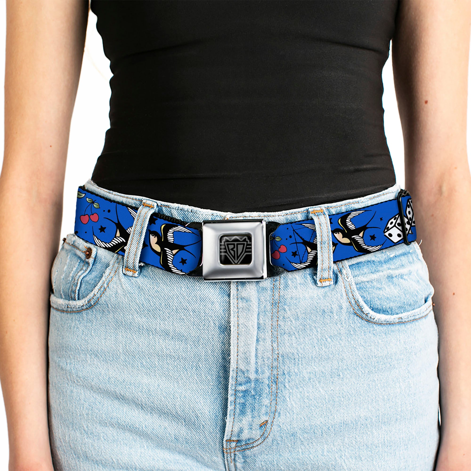 BD Wings Logo CLOSE-UP Full Color Black Silver Seatbelt Belt - Lucky CLOSE-UP Blue Webbing Seatbelt Belts Buckle-Down