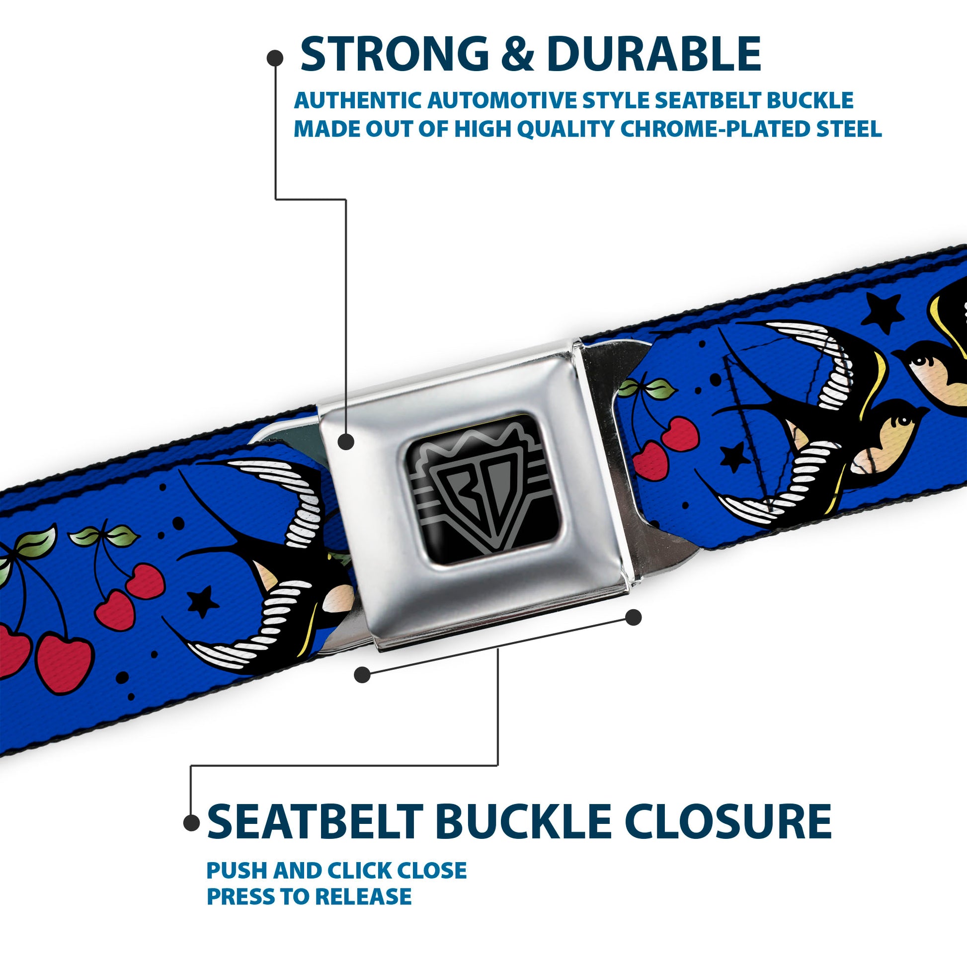 BD Wings Logo CLOSE-UP Full Color Black Silver Seatbelt Belt - Lucky CLOSE-UP Blue Webbing Seatbelt Belts Buckle-Down