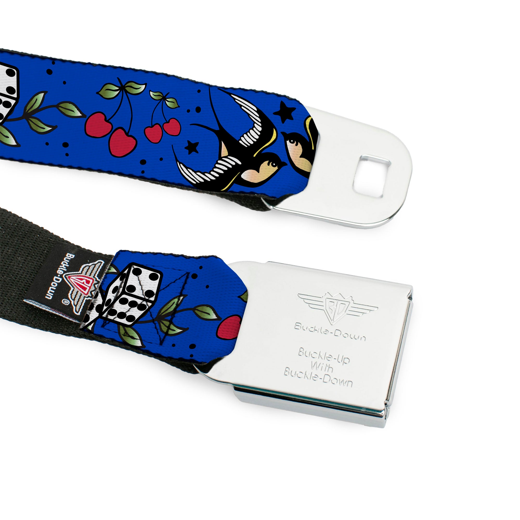BD Wings Logo CLOSE-UP Full Color Black Silver Seatbelt Belt - Lucky CLOSE-UP Blue Webbing Seatbelt Belts Buckle-Down