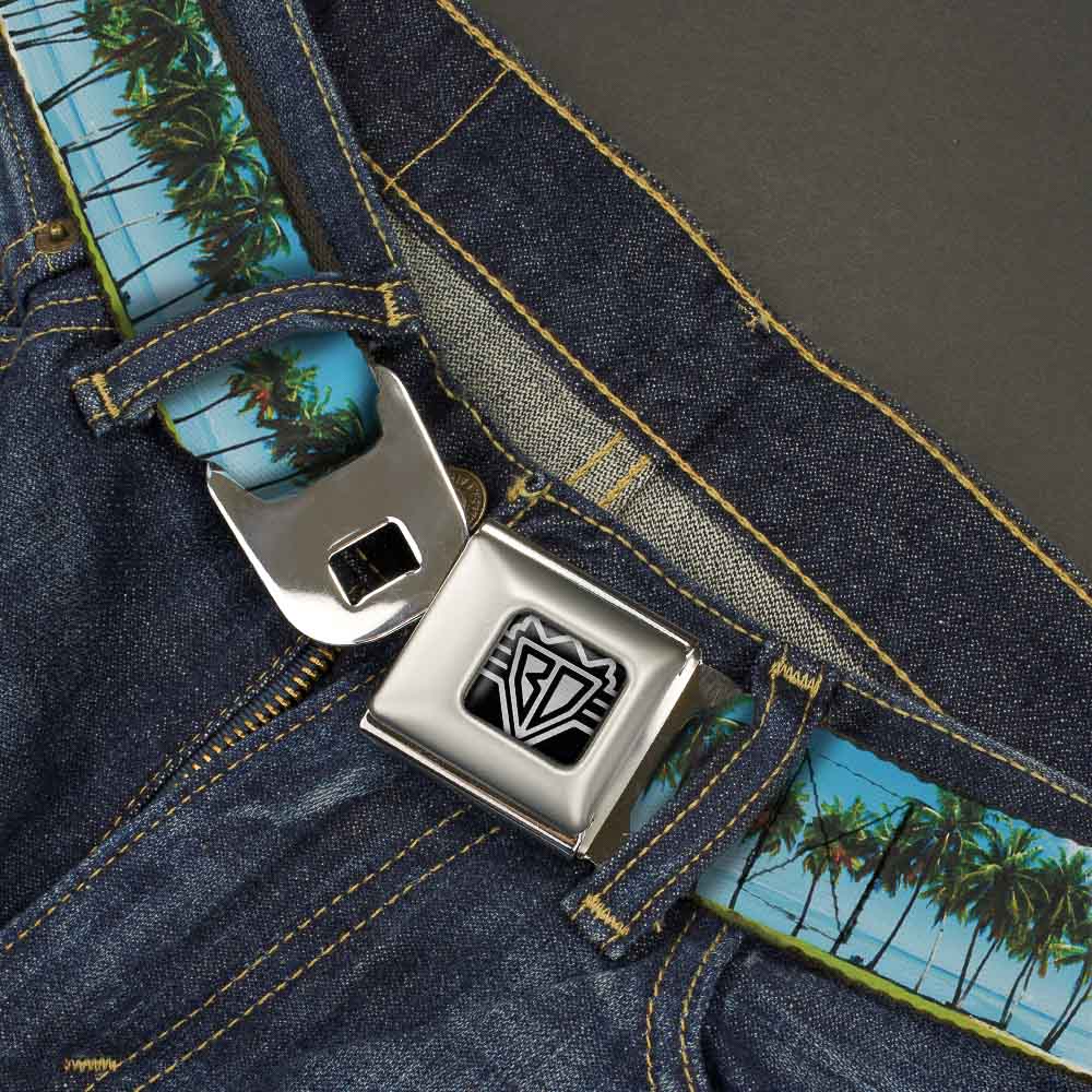 BD Wings Logo CLOSE-UP Full Color Black Silver Seatbelt Belt - Landscape Beach Palm Trees Webbing Seatbelt Belts Buckle-Down