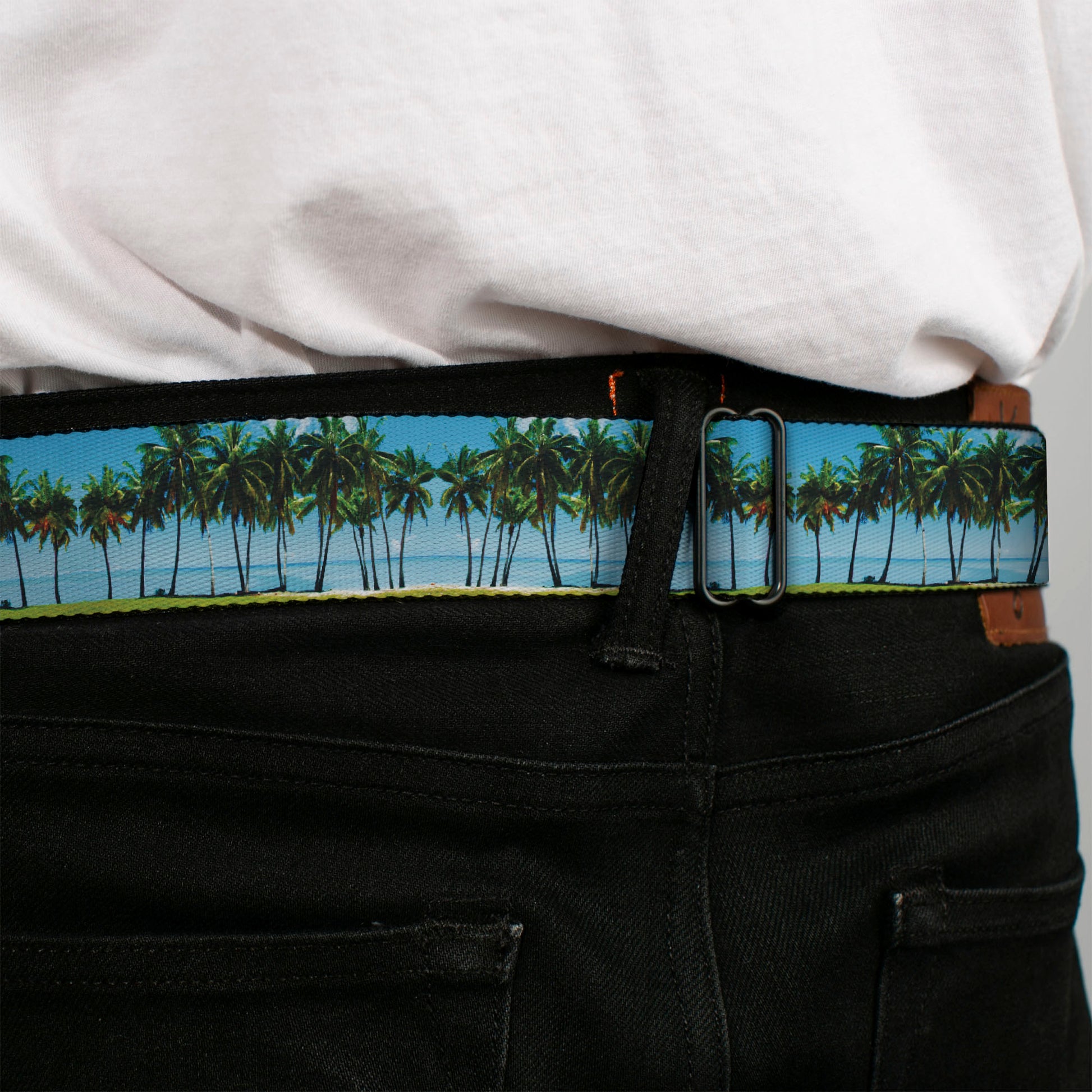 BD Wings Logo CLOSE-UP Full Color Black Silver Seatbelt Belt - Landscape Beach Palm Trees Webbing Seatbelt Belts Buckle-Down