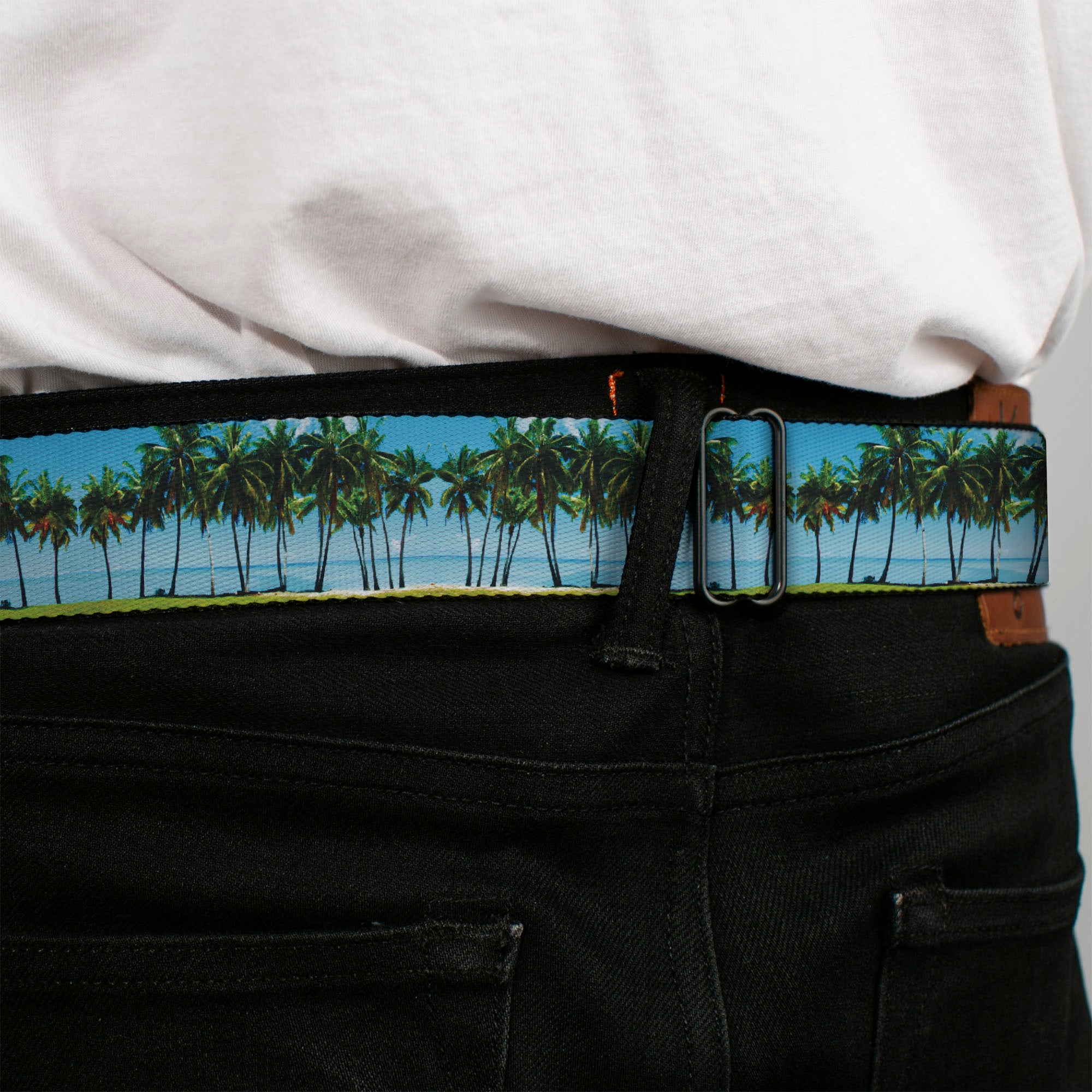 BD Wings Logo CLOSE-UP Full Color Black Silver Seatbelt Belt - Landscape Beach Palm Trees Webbing Seatbelt Belts Buckle-Down