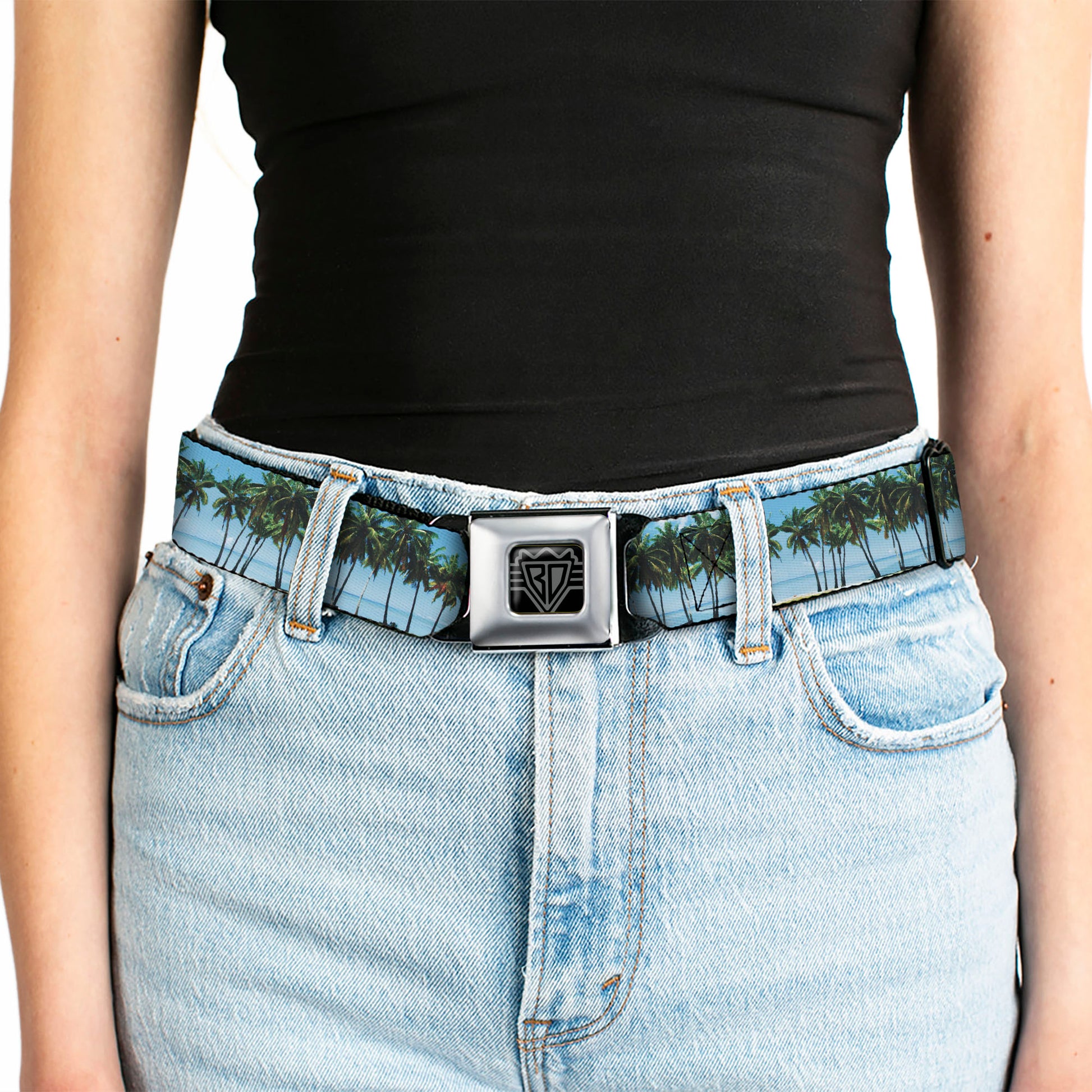 BD Wings Logo CLOSE-UP Full Color Black Silver Seatbelt Belt - Landscape Beach Palm Trees Webbing Seatbelt Belts Buckle-Down