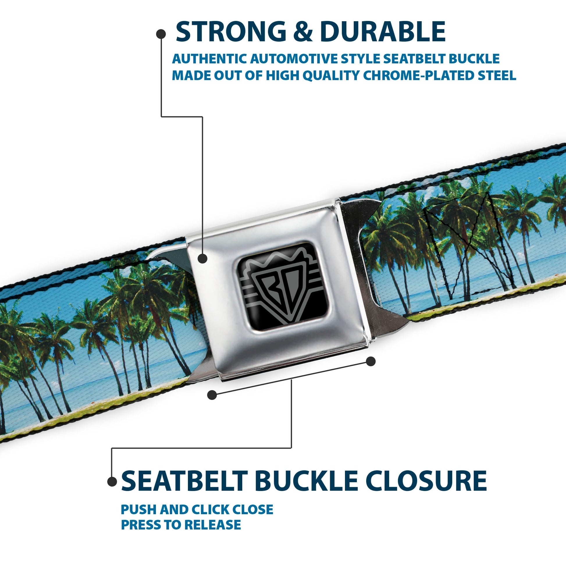 BD Wings Logo CLOSE-UP Full Color Black Silver Seatbelt Belt - Landscape Beach Palm Trees Webbing Seatbelt Belts Buckle-Down