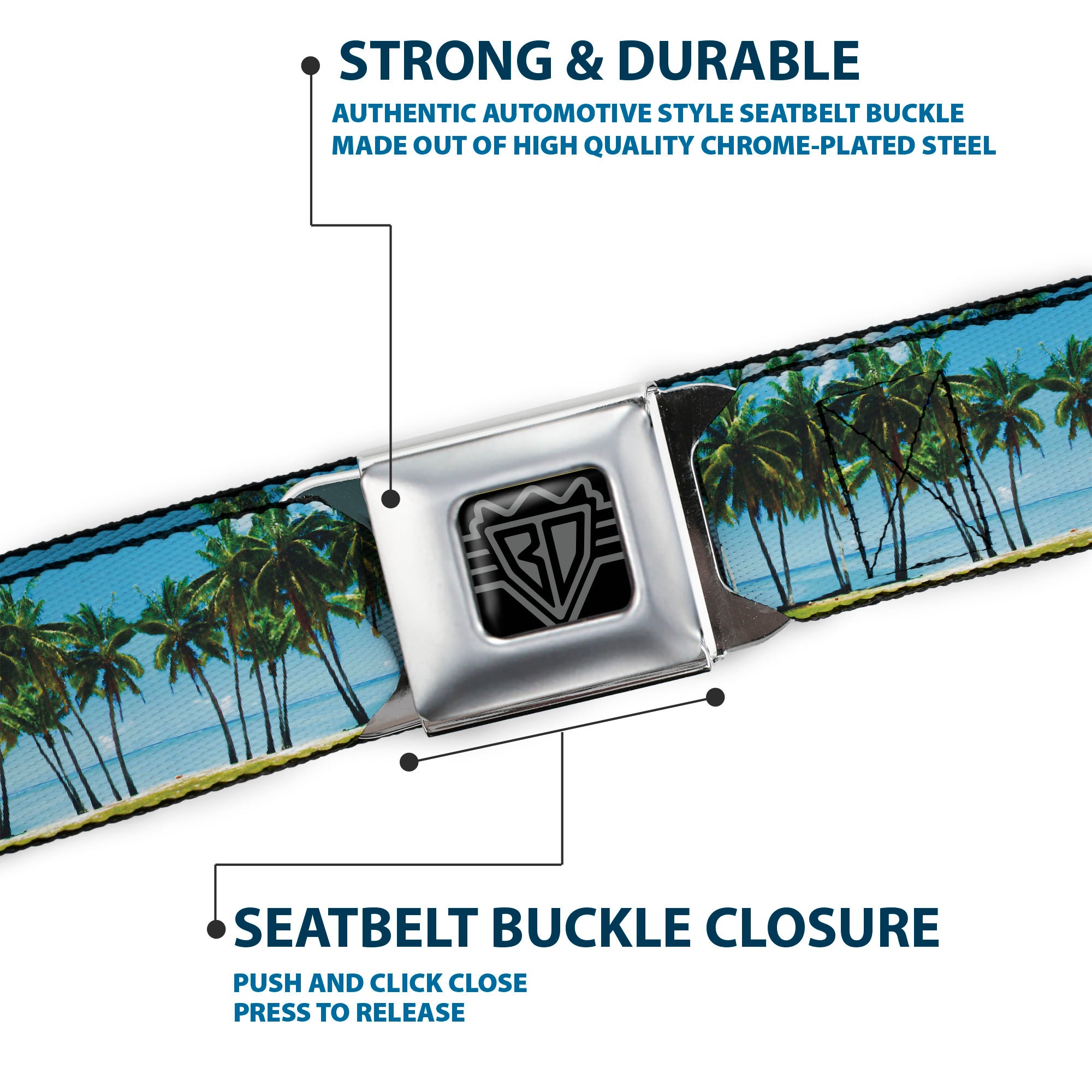 BD Wings Logo CLOSE-UP Full Color Black Silver Seatbelt Belt - Landscape Beach Palm Trees Webbing Seatbelt Belts Buckle-Down