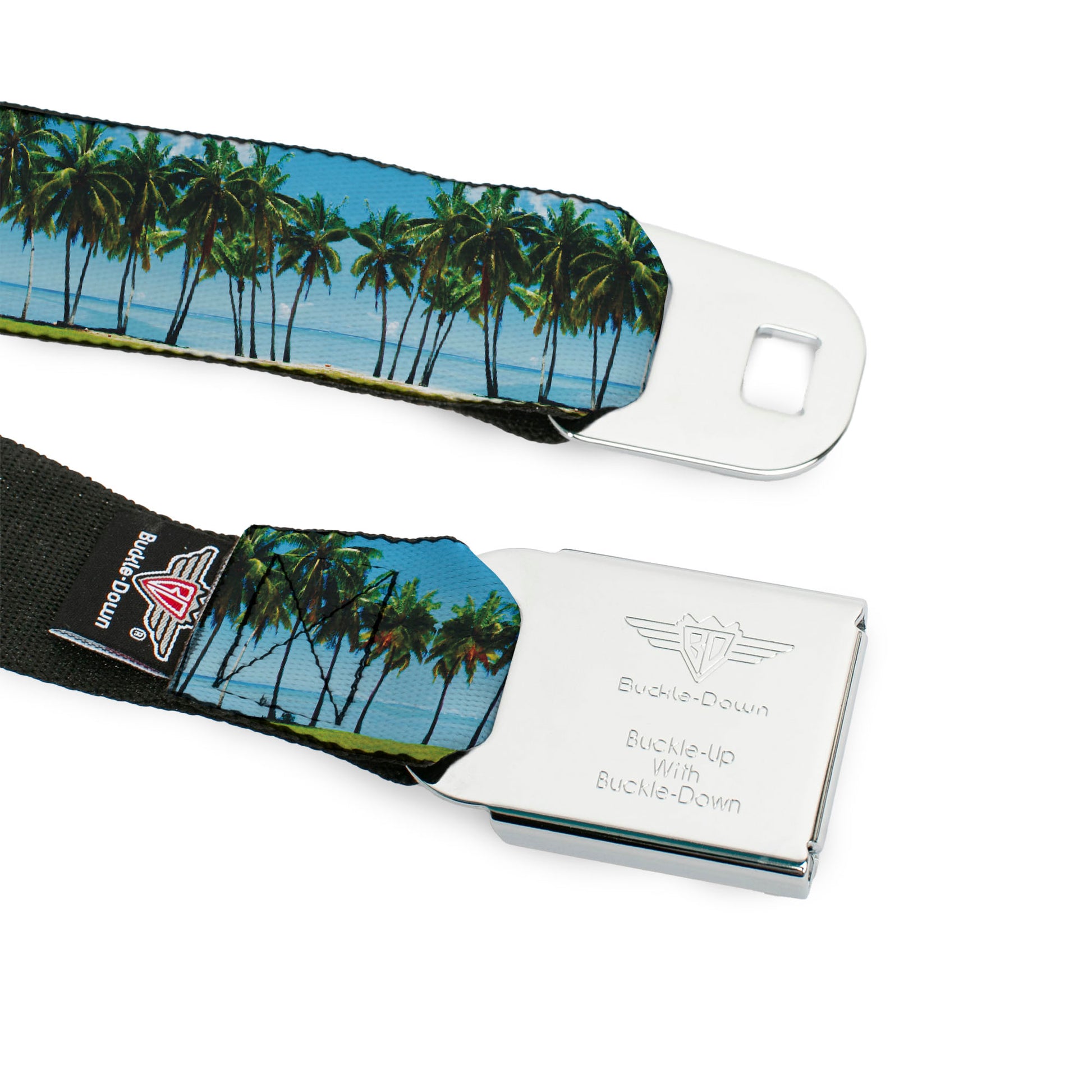 BD Wings Logo CLOSE-UP Full Color Black Silver Seatbelt Belt - Landscape Beach Palm Trees Webbing Seatbelt Belts Buckle-Down