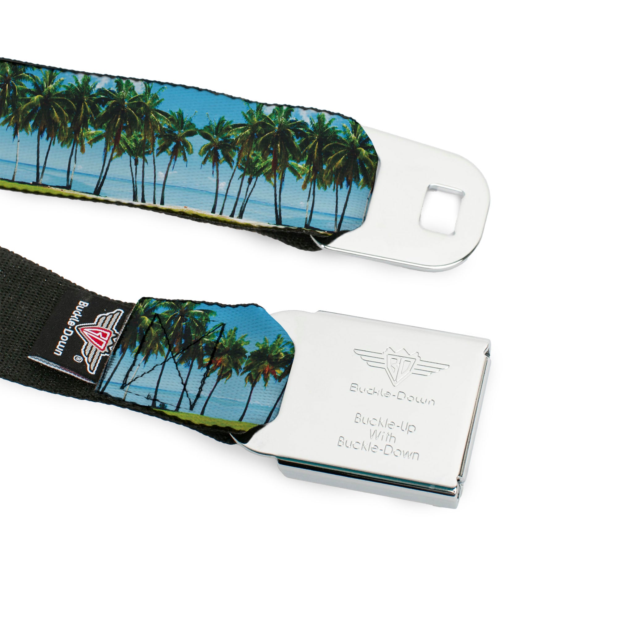 BD Wings Logo CLOSE-UP Full Color Black Silver Seatbelt Belt - Landscape Beach Palm Trees Webbing Seatbelt Belts Buckle-Down