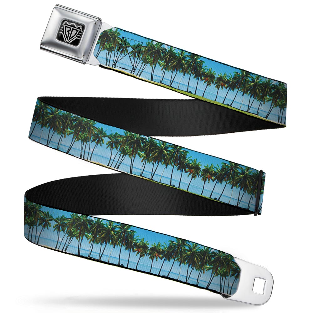 BD Wings Logo CLOSE-UP Full Color Black Silver Seatbelt Belt - Landscape Beach Palm Trees Webbing Seatbelt Belts Buckle-Down