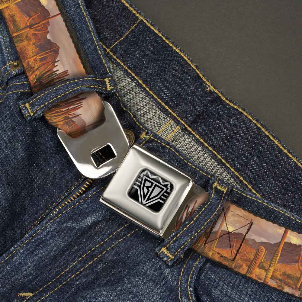 BD Wings Logo CLOSE-UP Full Color Black Silver Seatbelt Belt - Landscape Desert Cacti Webbing Seatbelt Belts Buckle-Down
