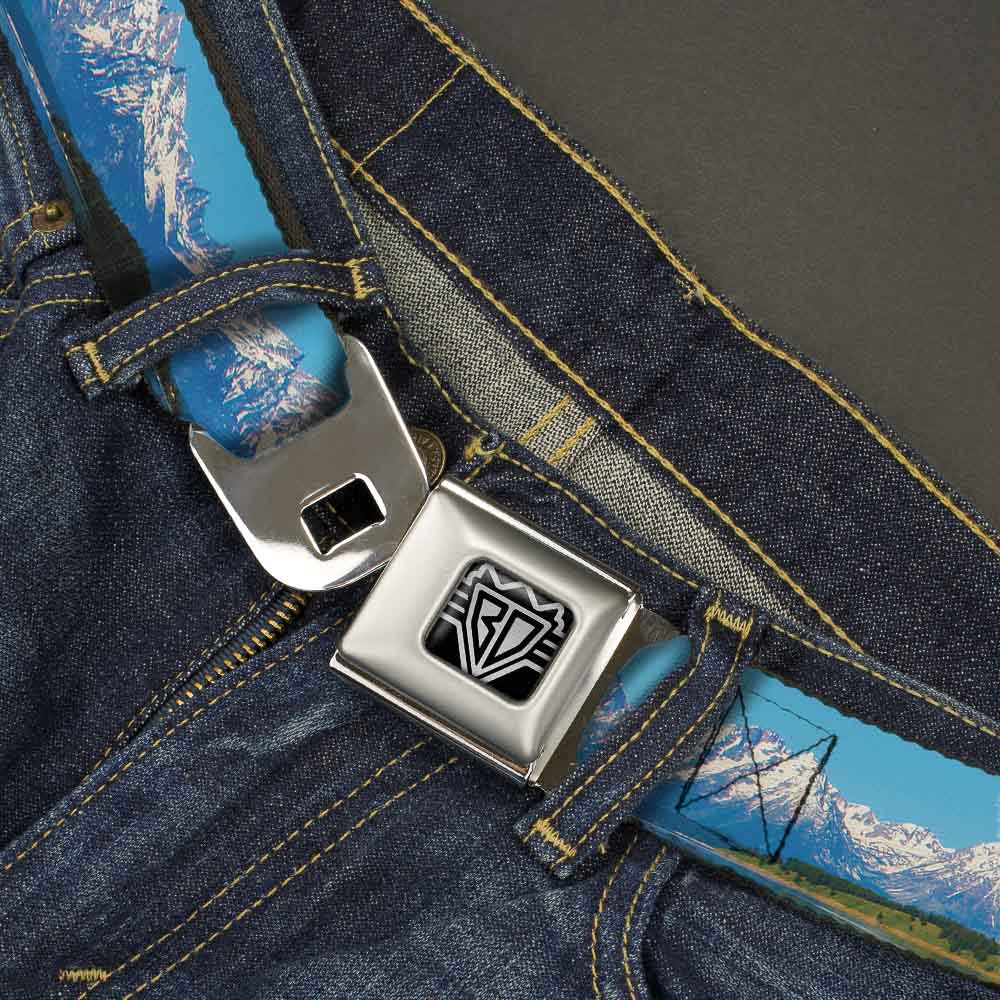 BD Wings Logo CLOSE-UP Full Color Black Silver Seatbelt Belt - Landscape Snowy Mountains Webbing Seatbelt Belts Buckle-Down