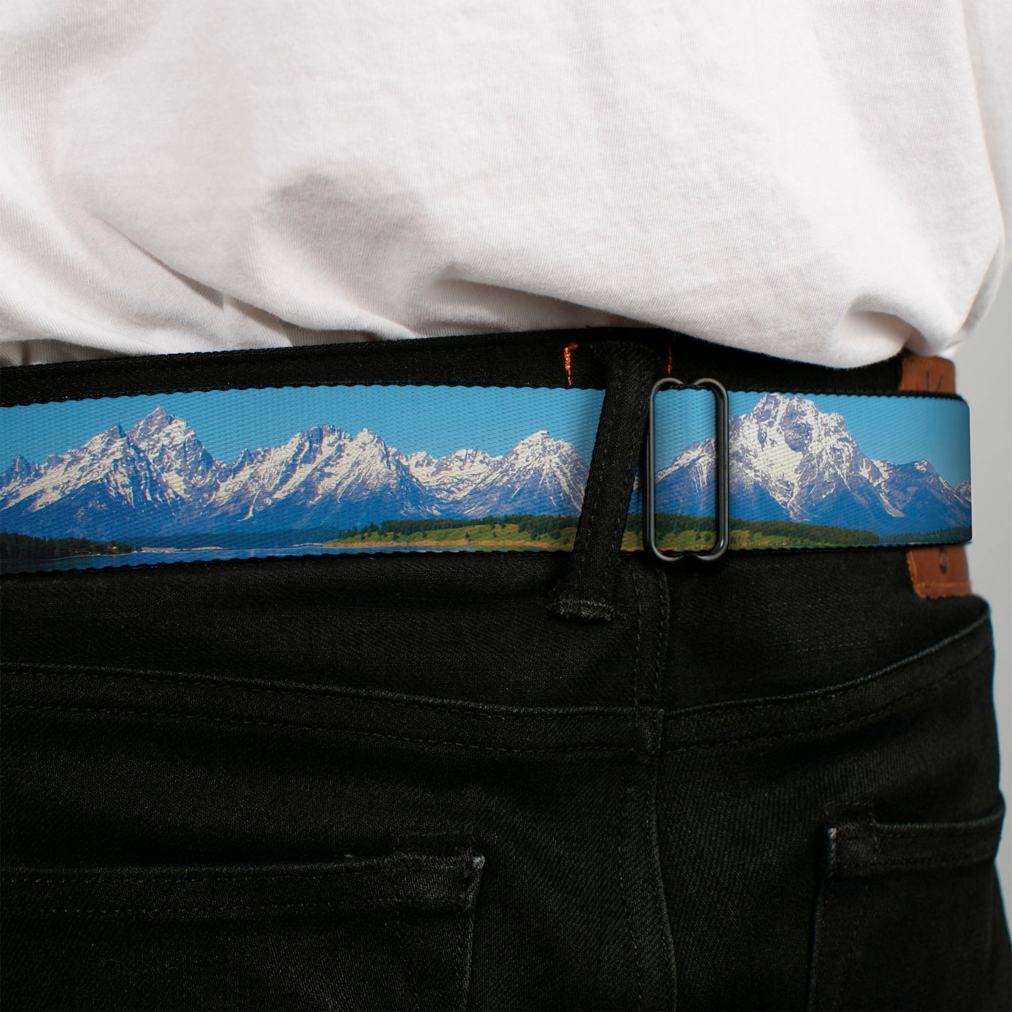 BD Wings Logo CLOSE-UP Full Color Black Silver Seatbelt Belt - Landscape Snowy Mountains Webbing Seatbelt Belts Buckle-Down