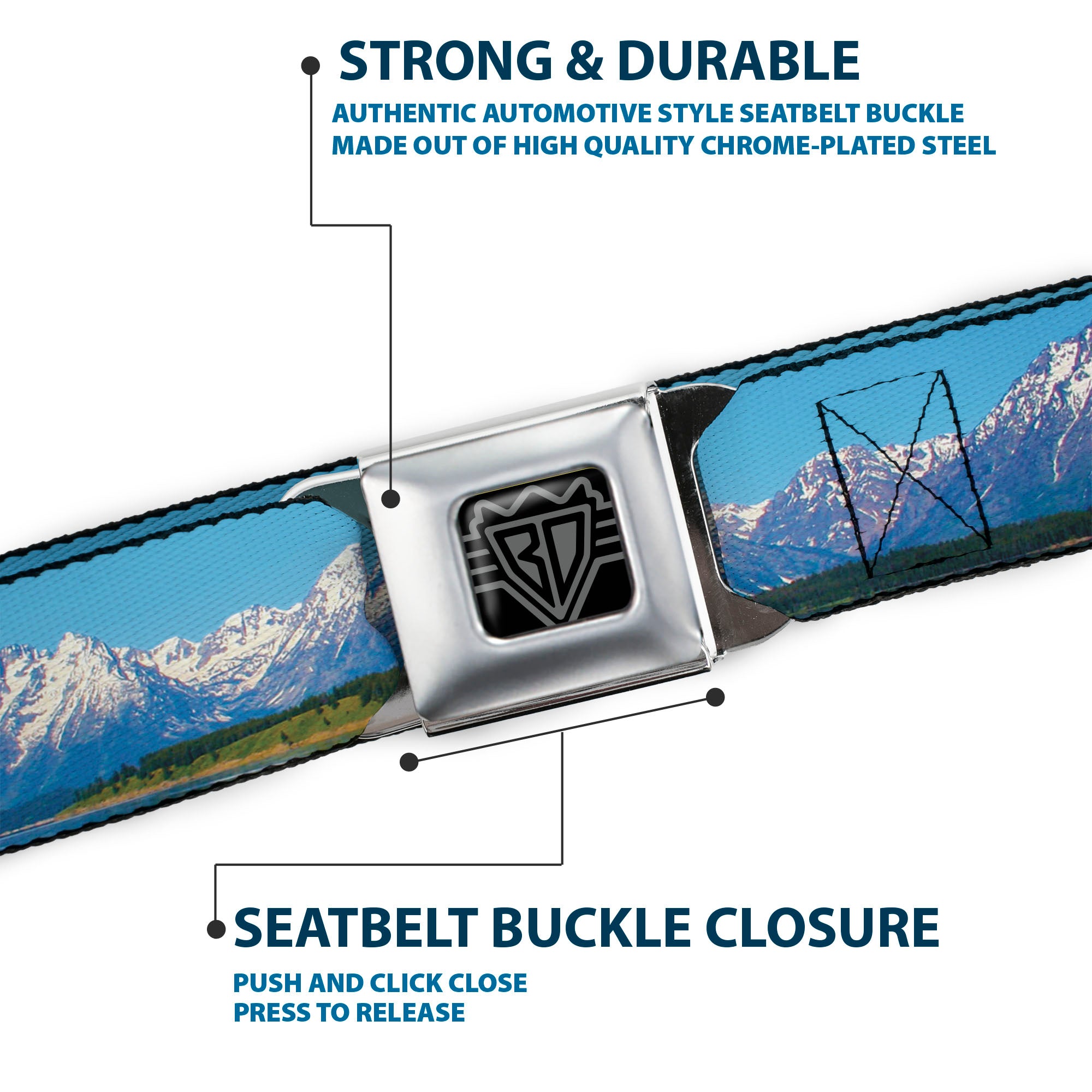BD Wings Logo CLOSE-UP Full Color Black Silver Seatbelt Belt - Landscape Snowy Mountains Webbing Seatbelt Belts Buckle-Down