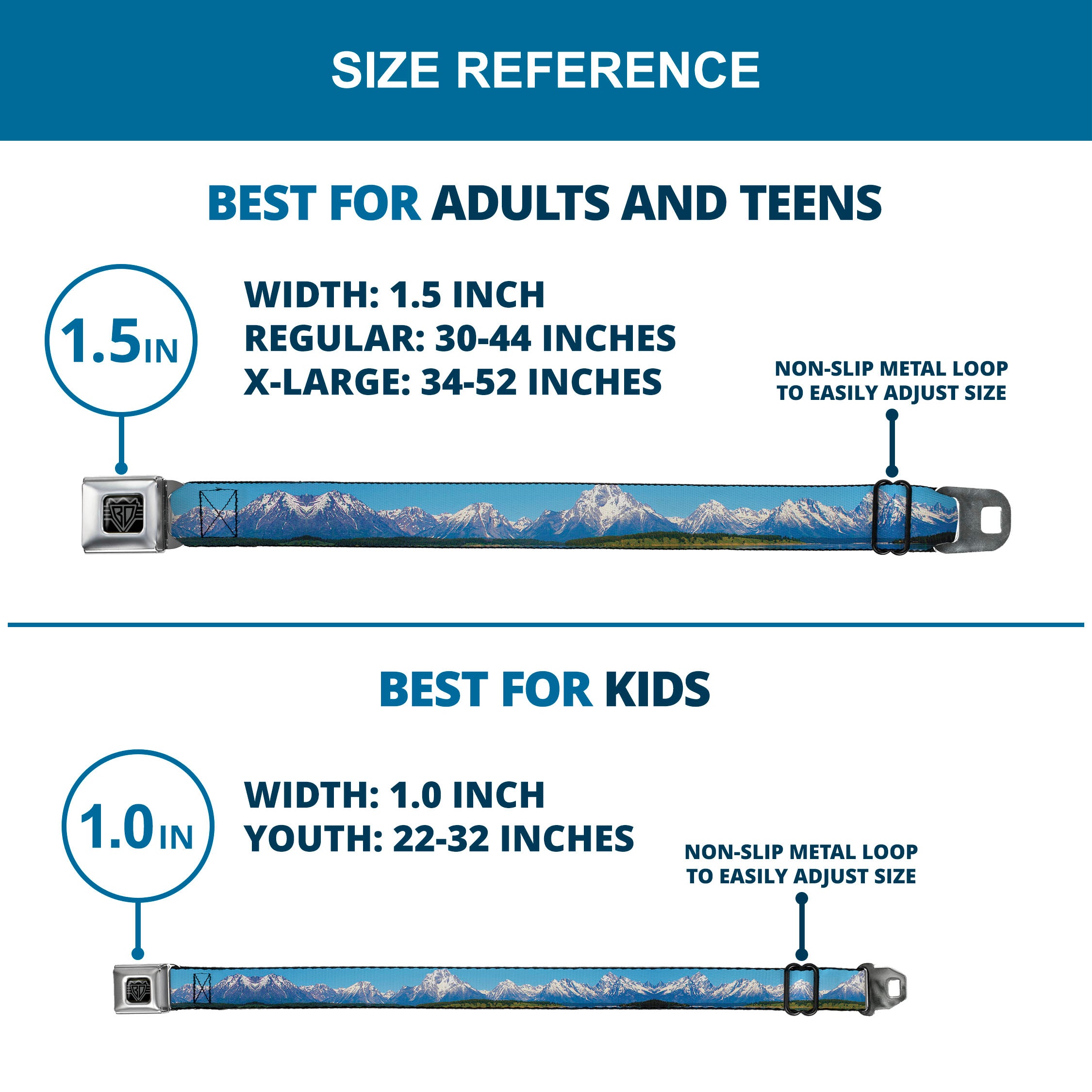 BD Wings Logo CLOSE-UP Full Color Black Silver Seatbelt Belt - Landscape Snowy Mountains Webbing Seatbelt Belts Buckle-Down