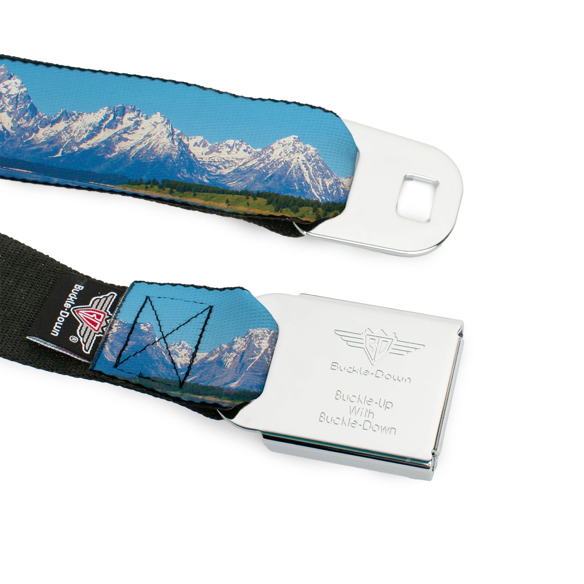 BD Wings Logo CLOSE-UP Full Color Black Silver Seatbelt Belt - Landscape Snowy Mountains Webbing Seatbelt Belts Buckle-Down