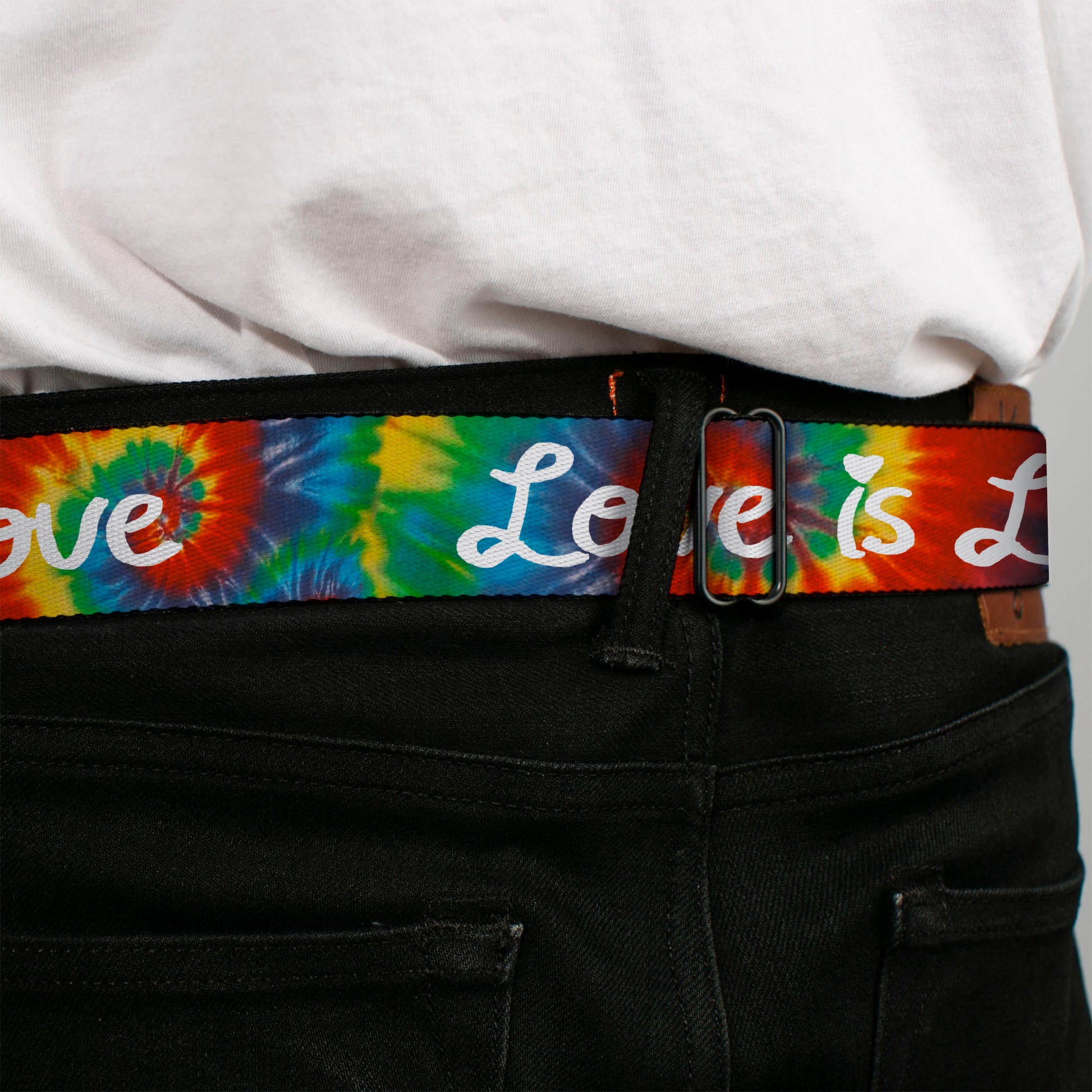 BD Wings Logo CLOSE-UP Full Color Black Silver Seatbelt Belt - LOVE IS LOVE BD Tie Dye/White Webbing Seatbelt Belts Buckle-Down