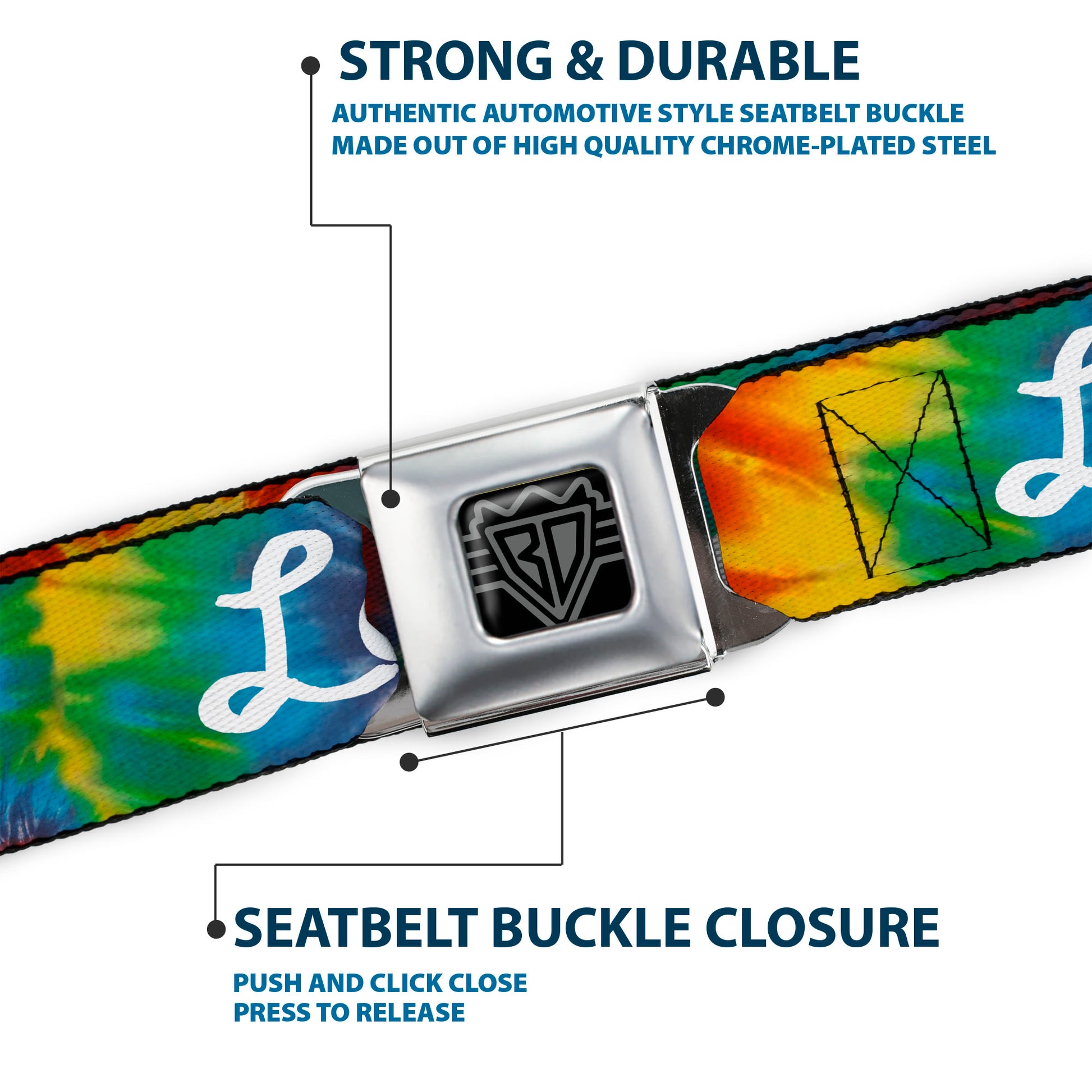 BD Wings Logo CLOSE-UP Full Color Black Silver Seatbelt Belt - LOVE IS LOVE BD Tie Dye/White Webbing Seatbelt Belts Buckle-Down