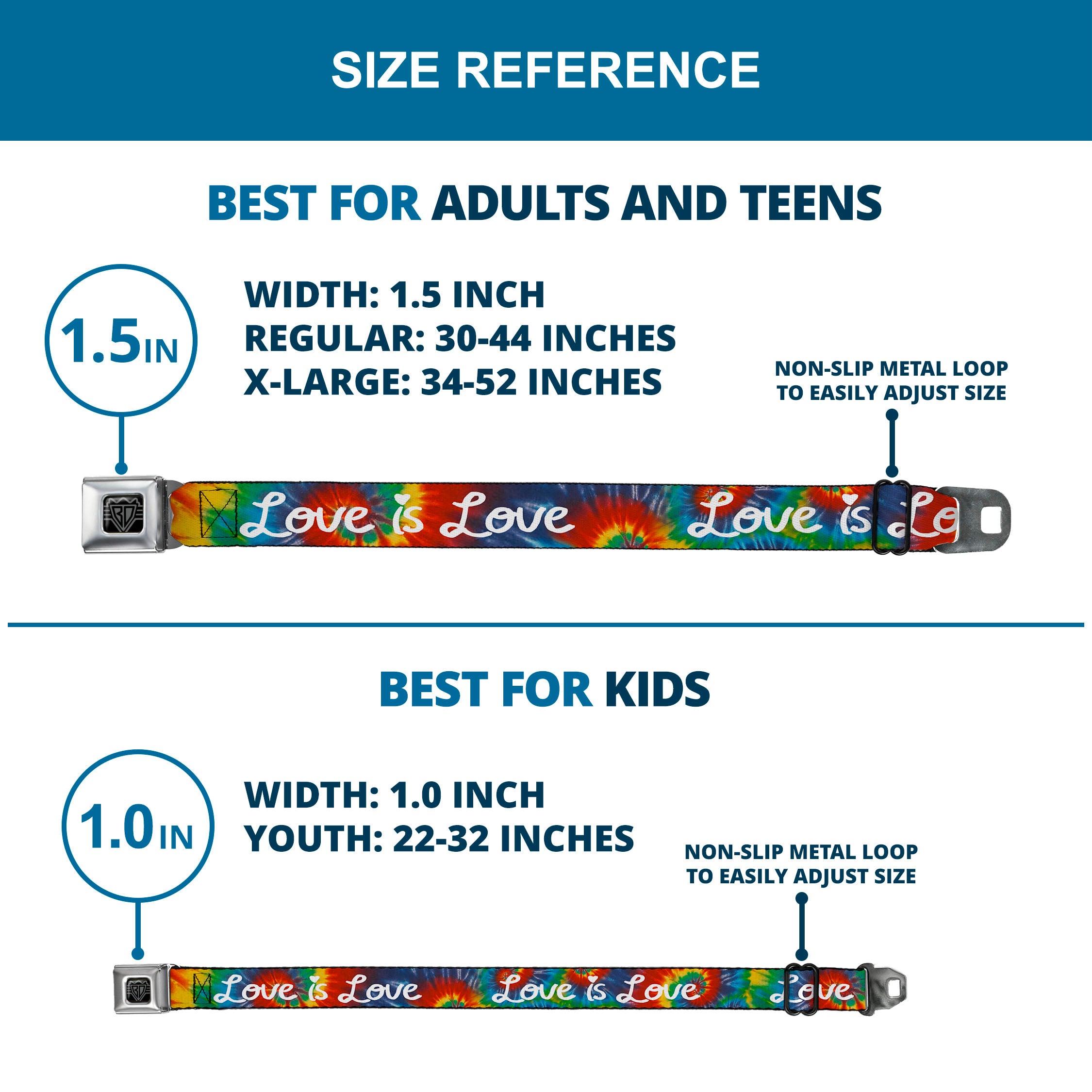 BD Wings Logo CLOSE-UP Full Color Black Silver Seatbelt Belt - LOVE IS LOVE BD Tie Dye/White Webbing Seatbelt Belts Buckle-Down