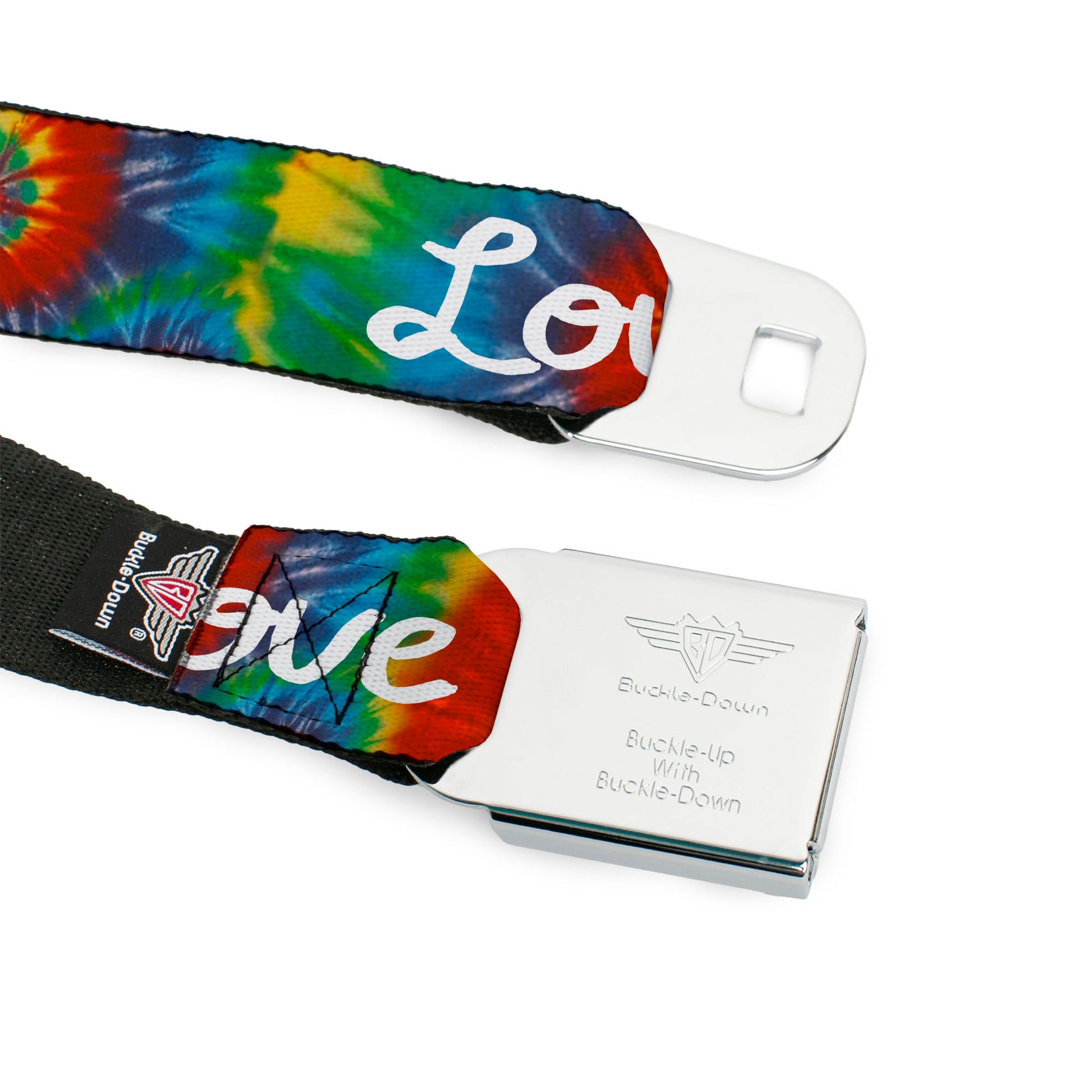 BD Wings Logo CLOSE-UP Full Color Black Silver Seatbelt Belt - LOVE IS LOVE BD Tie Dye/White Webbing Seatbelt Belts Buckle-Down
