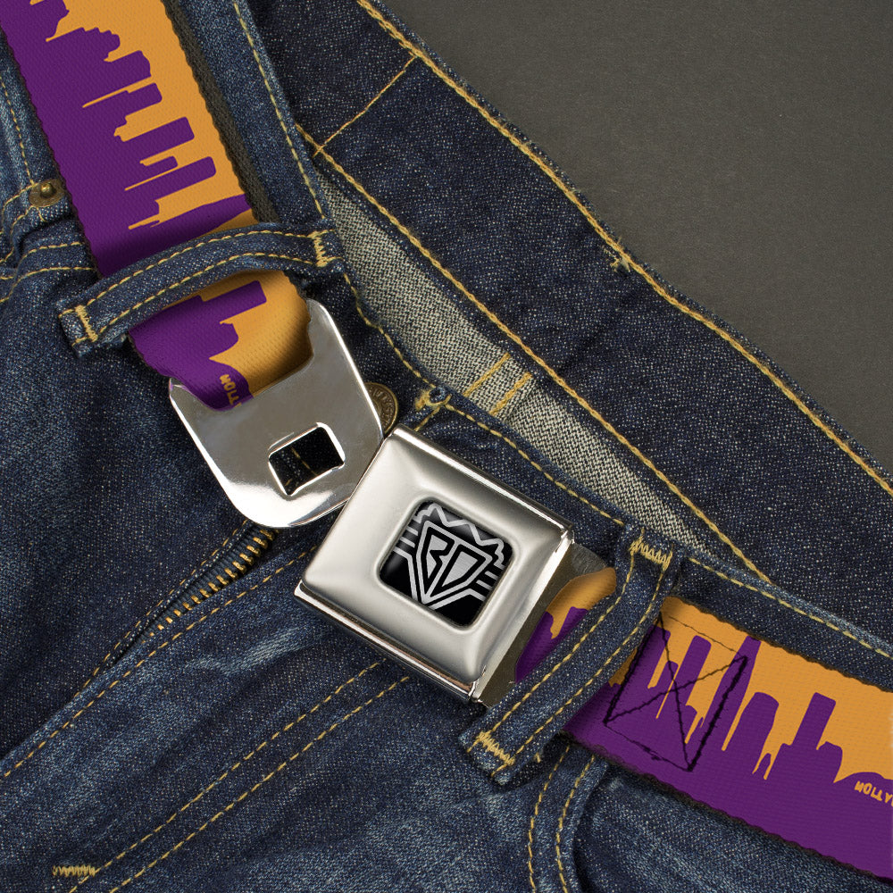 BD Wings Logo CLOSE-UP Full Color Black Silver Seatbelt Belt - Los Angeles Solid Skyline/LA Gold/Purple Webbing Seatbelt Belts Buckle-Down